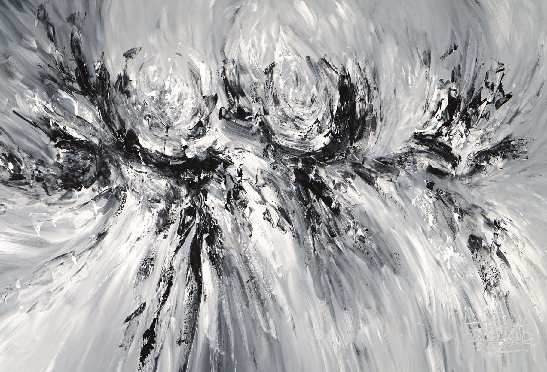 Black And White Painting 桌布 壁紙 — 動態抽象畫，大膽的黑白筆觸從中央漩渦向外輻射。