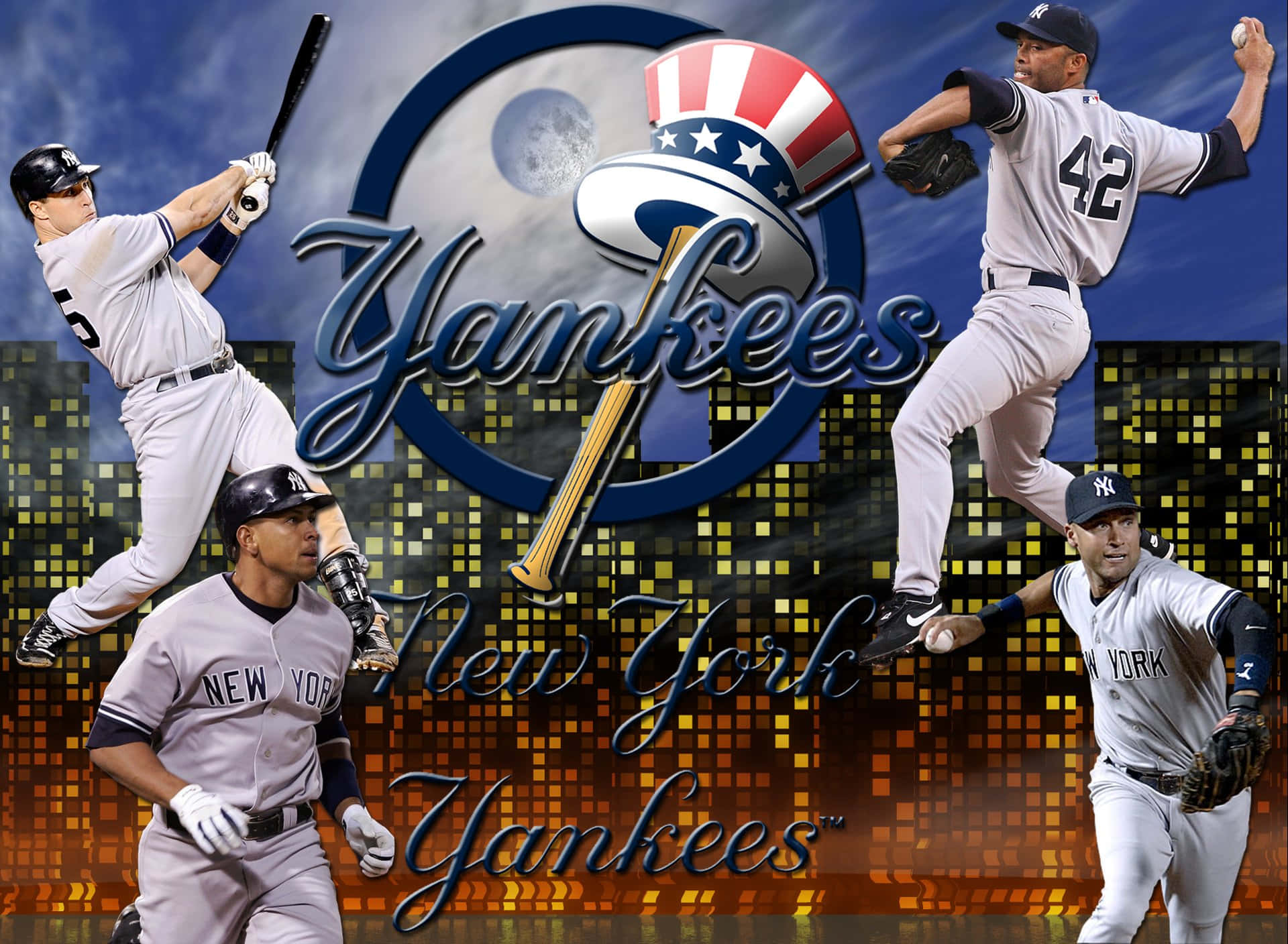 Yankees 桌布 壁紙 — 動態拼貼，紐約洋基棒球選手以動作姿勢呈現，背景為發光的城市景觀並帶有球隊標誌。