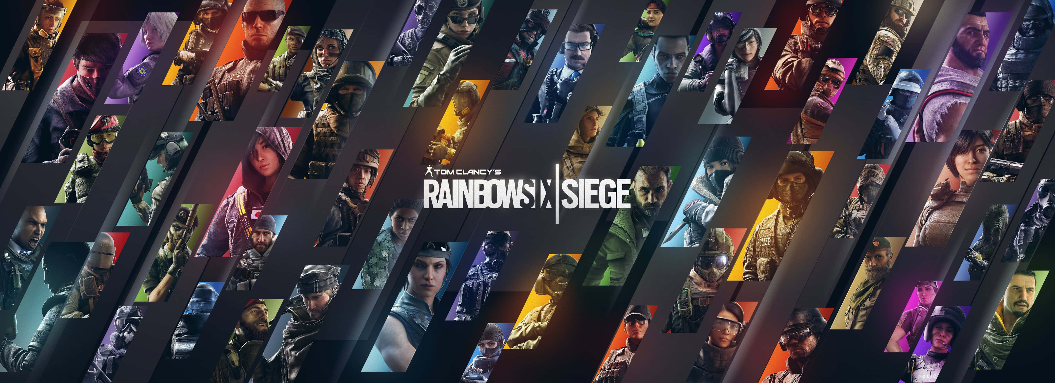 Rainbow Six Siege Operators 桌布 壁紙 — 動態拼貼彩虹六號：圍攻幹員，採用彩色對角線面板，遊戲標誌居中。