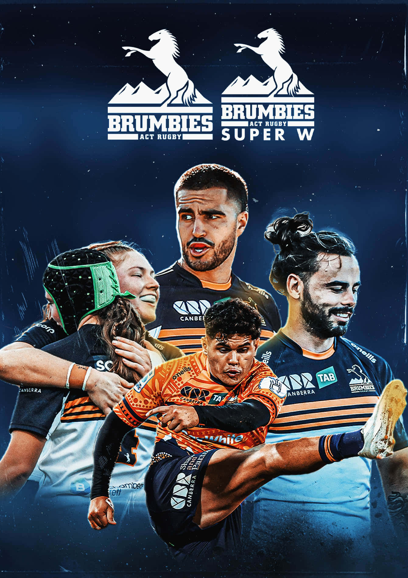 Brumbies 桌布 壁紙 — 動態欖球運動員在星空背景下展示球隊標誌的動作場景。