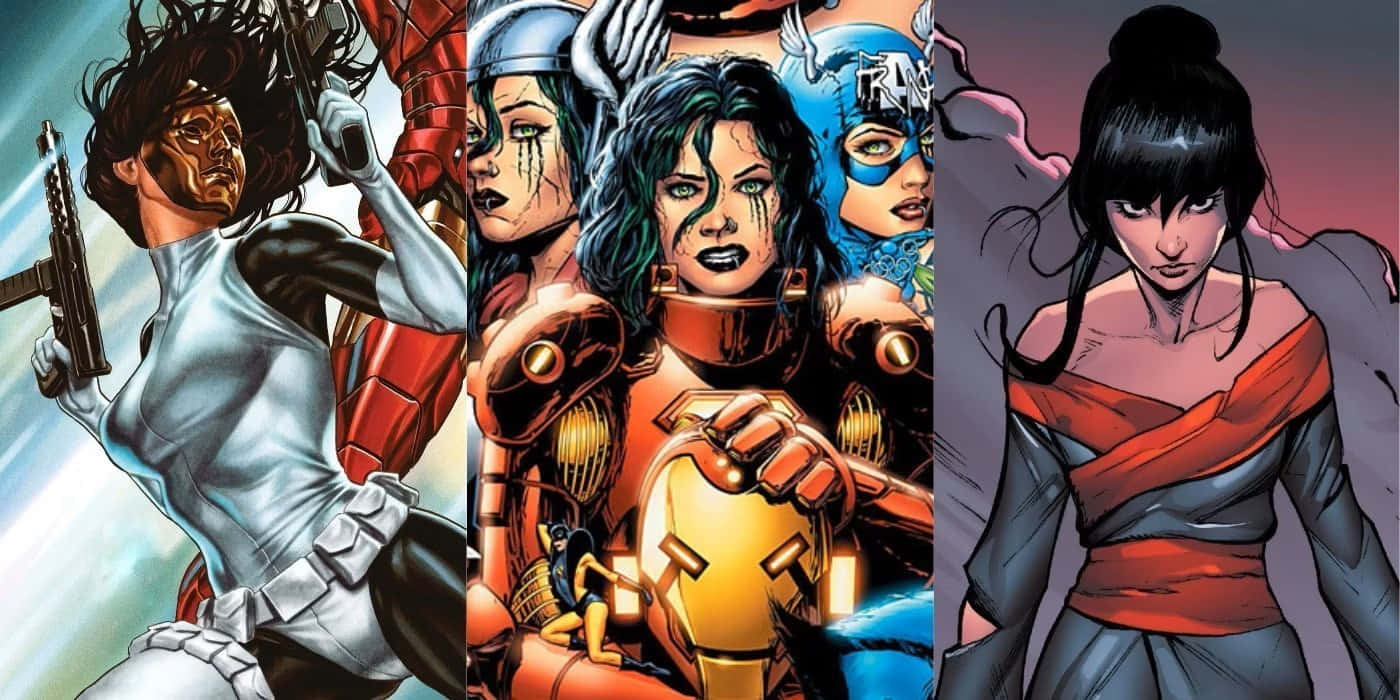 Iron Man Villains 桌布 壁紙 — 動態漫畫女英雄以大膽色彩和戲劇性燈光擺出動作姿勢。