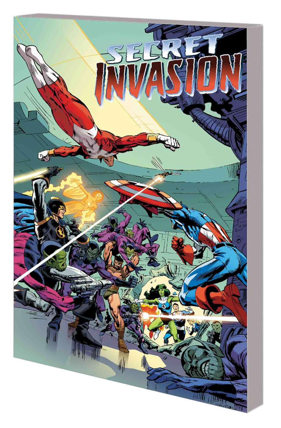 Secret Invasion 桌布 壁紙 — 動態漫畫封面顯示超級英雄在混亂、充滿動作的場景中與外星入侵者戰鬥。