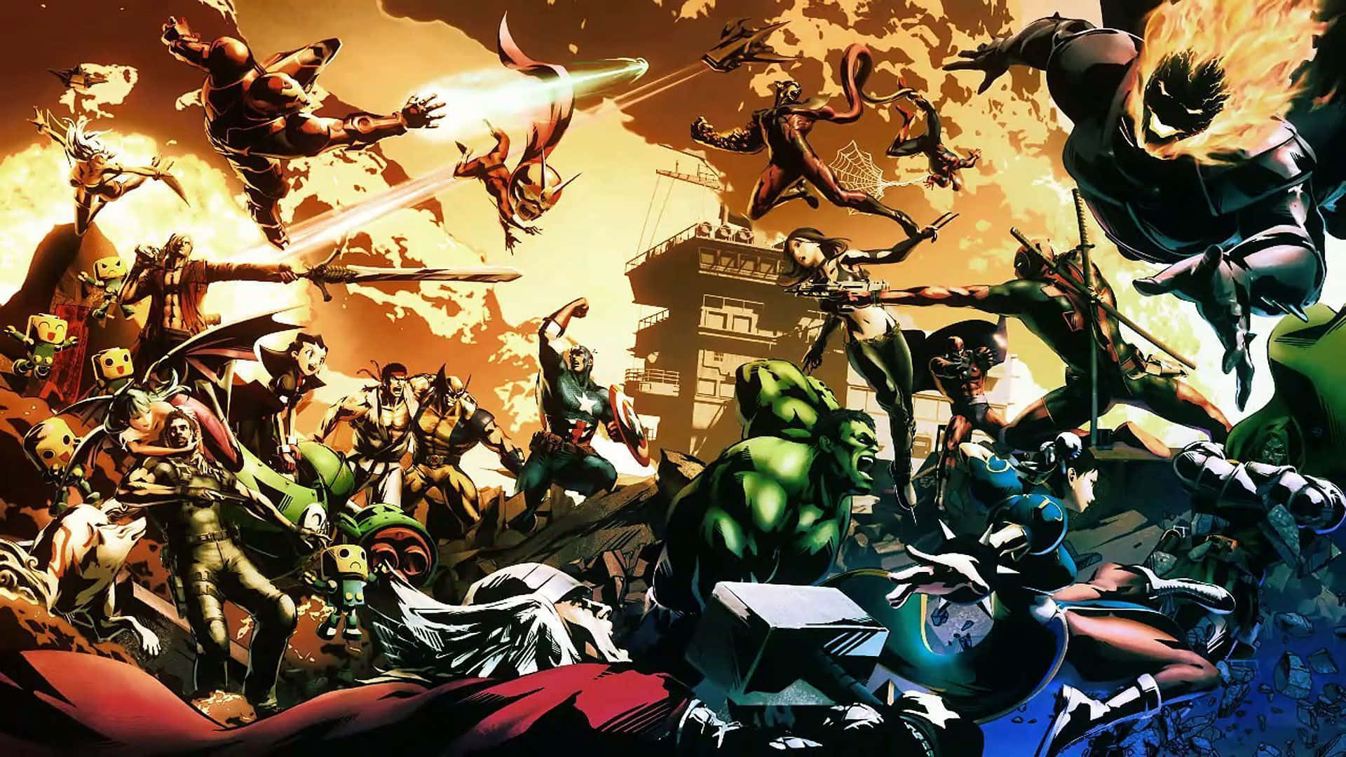 Marvel Vs Capcom Characters 桌布 壁紙 — 動態漫畫戰鬥場景，超級英雄與反派在熾熱爆炸和破碎建築物中激烈衝突。