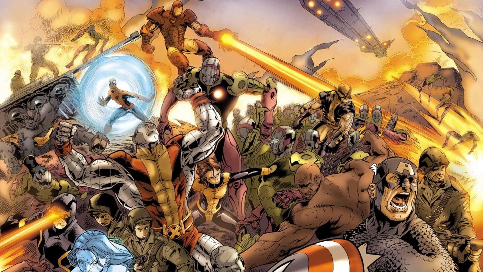 New Avengers 桌布 壁紙 — 動態漫畫戰鬥場景，超級英雄與反派在能量爆炸和爆炸中激烈交戰。