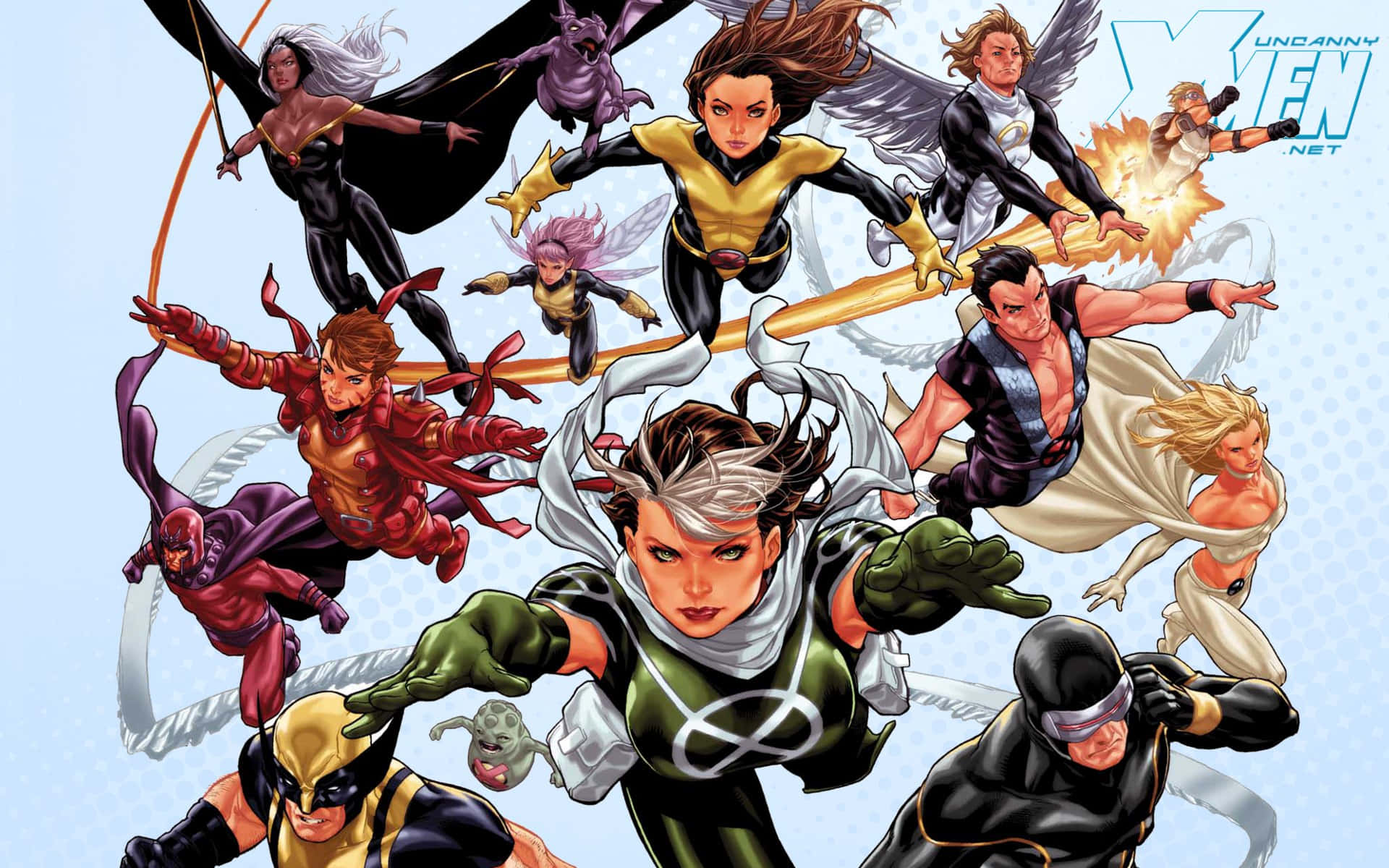 Uncanny X-Men Legacy 壁紙 — 動態漫畫插圖，X-Men超級英雄在半空中飛行，背景為淺藍色並帶有運動線條。