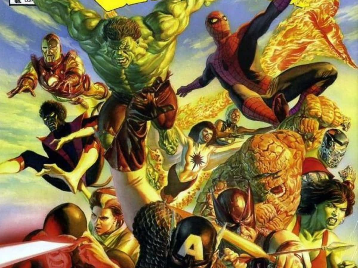 Secret Wars 桌布 壁紙 — 動態漫畫插圖，描繪Marvel超級英雄如變形俠醫和蜘蛛俠在明亮天空下展開行動。