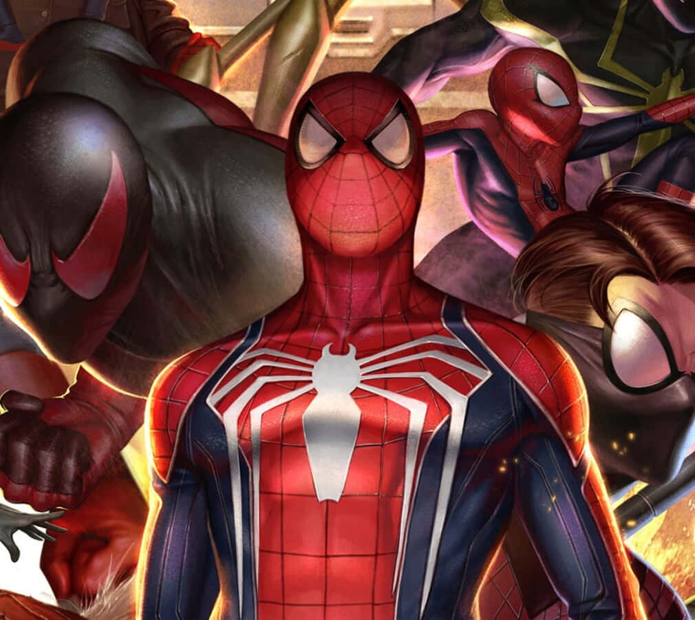 Spider-geddon 桌布 壁紙 — 動態漫畫插圖，蜘蛛俠被其他蜘蛛英雄包圍，擺出動作姿勢。