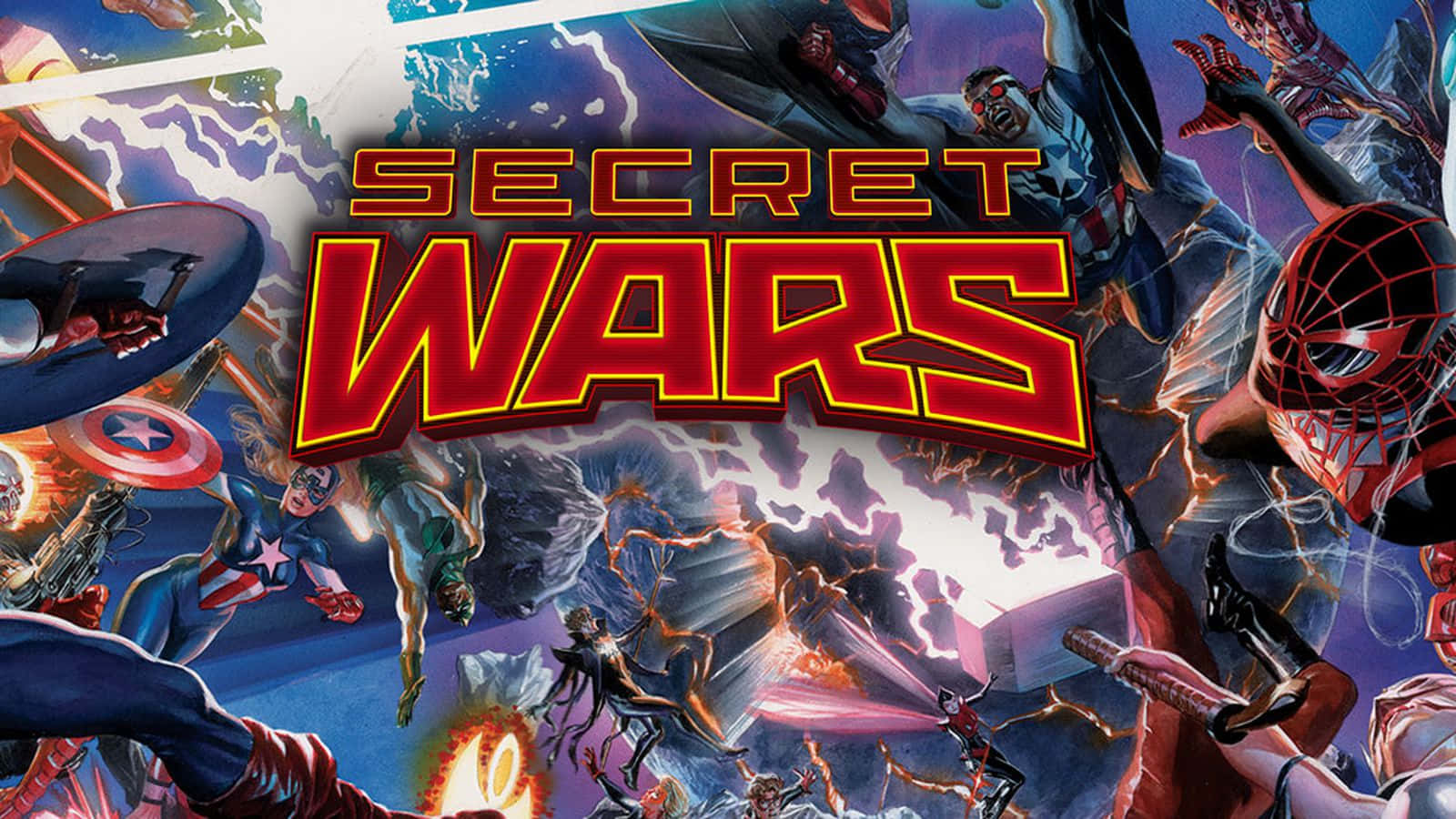 Secret Wars 桌布 壁紙 — 動態漫畫書封面， featuring 超級英雄如美國隊長和蜘蛛俠在閃電和爆炸中戰鬥。
