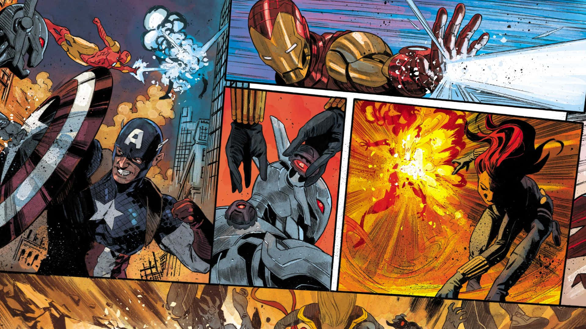 Secret Invasion 桌布 壁紙 — 動態漫畫書面板顯示美國隊長、鋼鐵俠和其他英雄在戰鬥中，伴隨著爆炸和能量衝擊波。