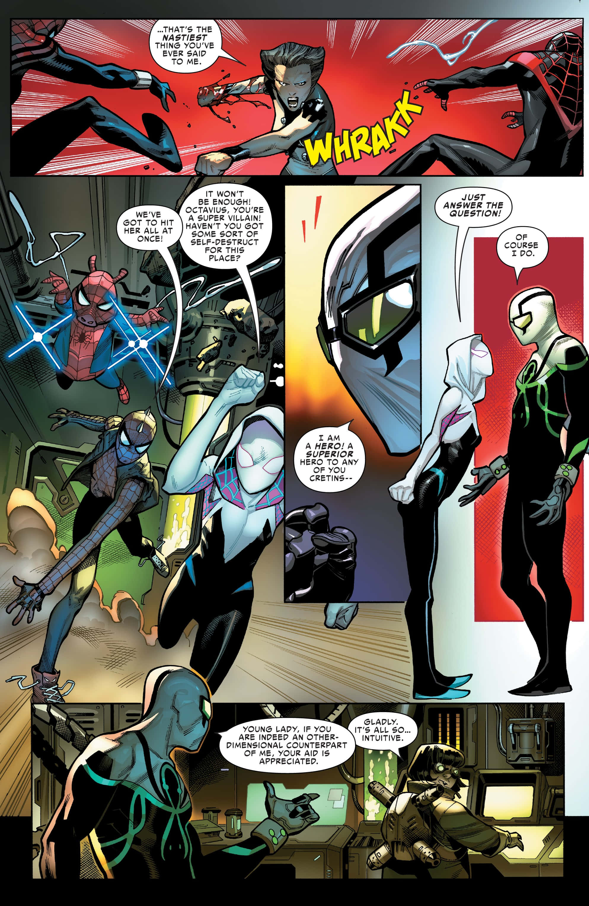 Spider-geddon 桌布 壁紙 — 動態漫畫格展示蜘蛛俠和蜘蛛格溫與反派戰鬥，呈現高能量動作場面，採用大膽的紅色和藍色。