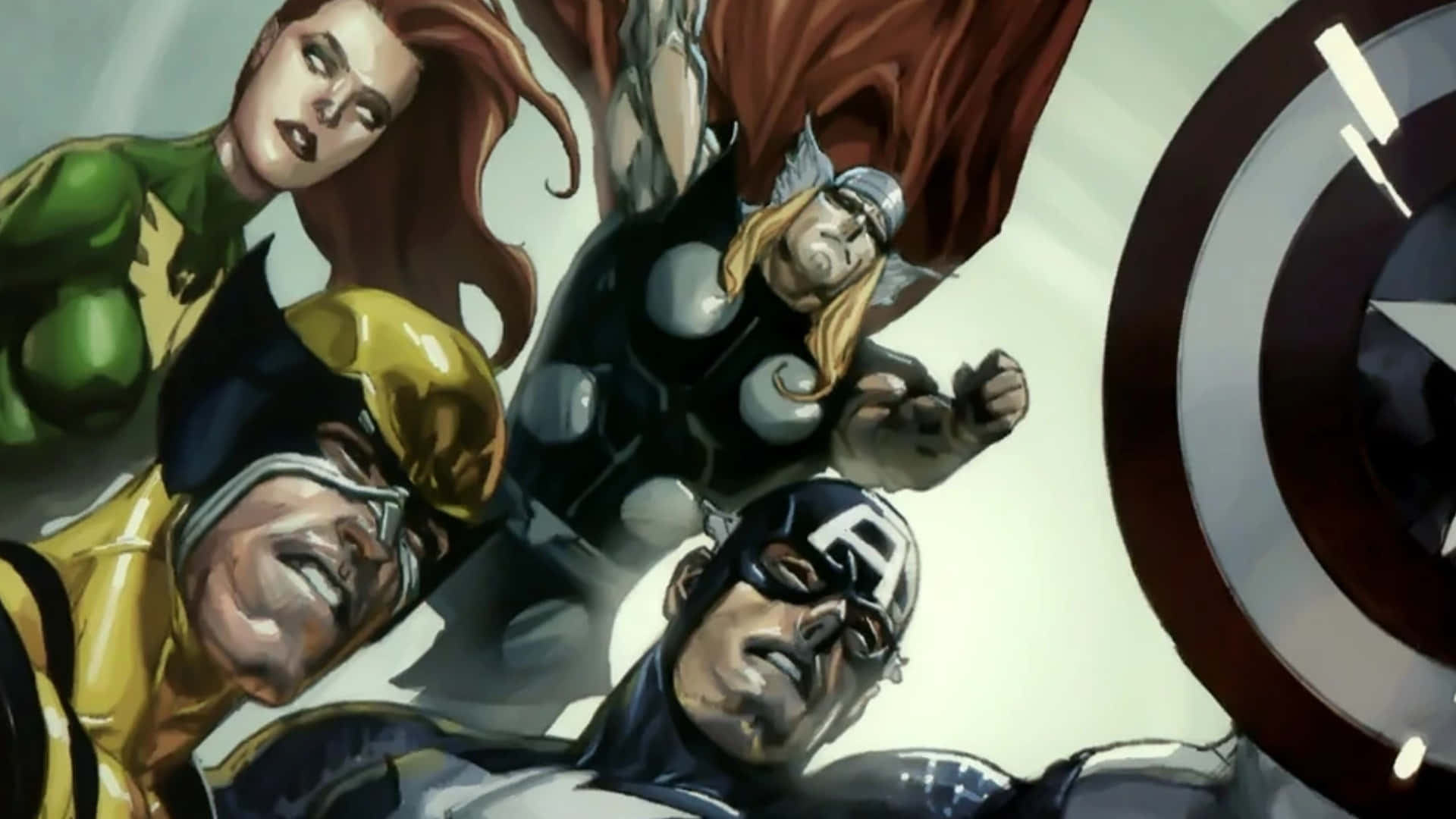 Secret Invasion 桌布 壁紙 — 動態漫畫英雄，包括雷神、美國隊長和金剛狼，在明亮的背景下英勇地擺出姿勢。