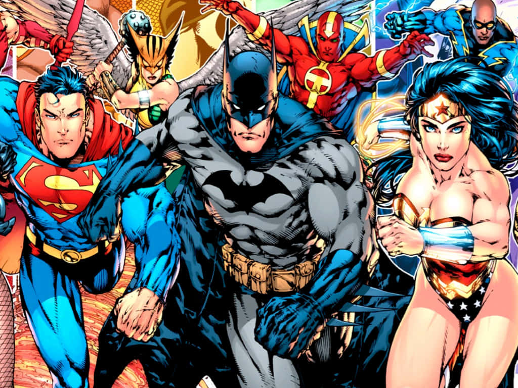 Justice League Unlimited 桌布 壁紙 — 動態漫畫英雄包括蝙蝠俠、超人和神奇女俠在充滿活力的動作面板中英勇地擺出姿勢。