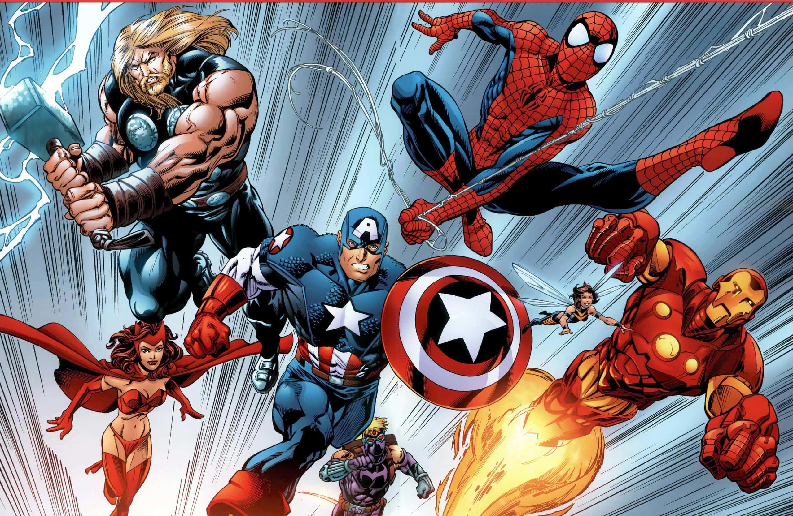 Earth's Mightiest Heroes 桌布 壁紙 — 動態漫畫英雄包括雷神、蜘蛛俠、美國隊長和鐵甲奇俠正在行動中，帶有能量效果和動態線條。