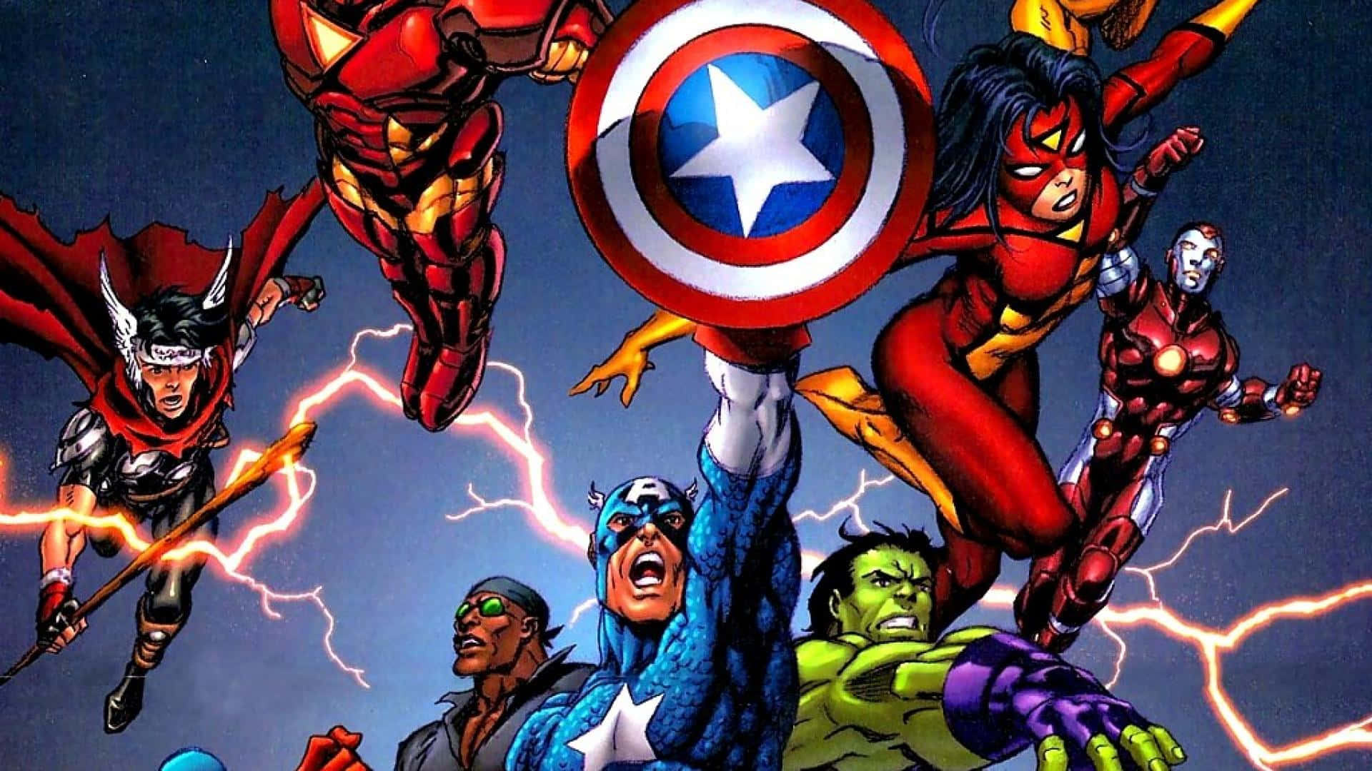 Earth's Mightiest Heroes 桌布 壁紙 — 動態漫畫英雄如美國隊長和雷神索爾在閃電中碰撞，呈現大膽的超級英雄戰鬥場景。