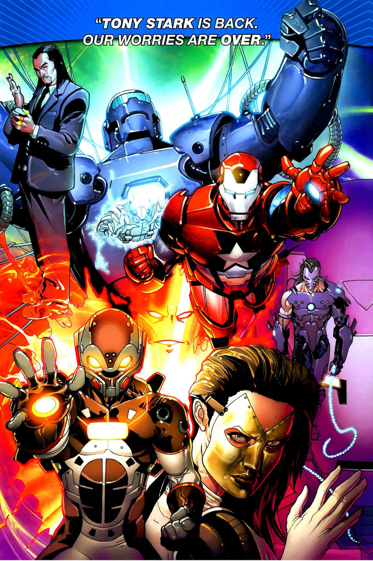 Iron Man Villains 桌布 壁紙 — 動態漫畫面板，以鐵甲奇俠和其他英雄為特色，穿著鮮豔的套裝，帶有發光技術，背景是熾熱的宇宙。