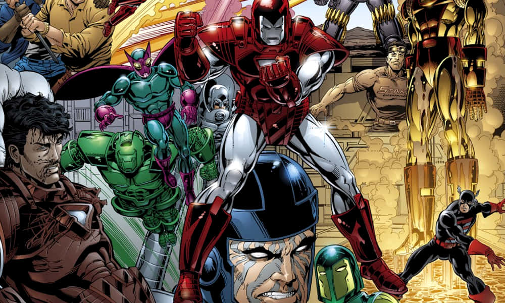 Iron Man Villains 桌布 壁紙 — 動態漫畫面板，以鐵甲奇俠和其他超級英雄在戲劇性的金色背景下擺出英雄姿勢。