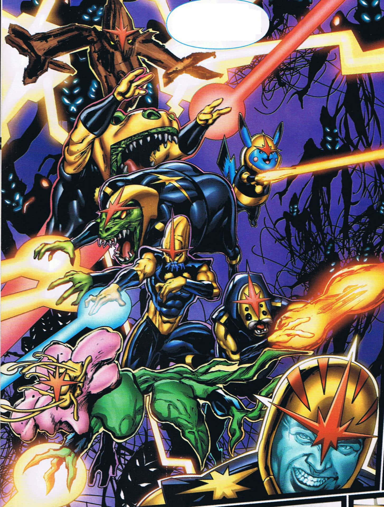Nova Corps 桌布 壁紙 — 動態漫畫面板，以黑暗宇宙背景為襯托，展現不同超級英雄和反派在戰鬥中發出發光能量爆炸的場景。