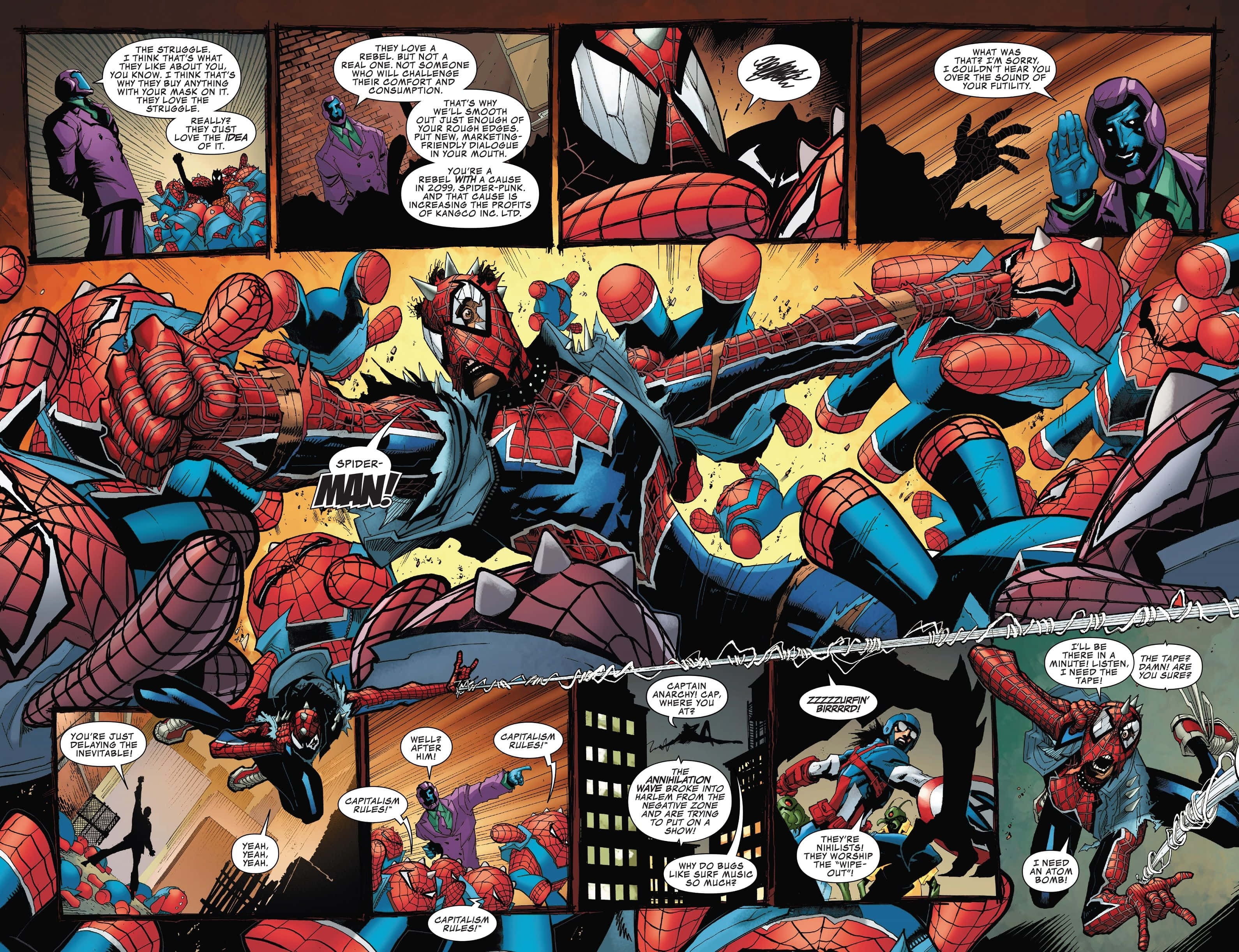 Spider-geddon 桌布 壁紙 — 動態漫畫面板，包含多個蜘蛛俠變體在混亂戰鬥中，帶有對話氣泡和大膽的動作線條。