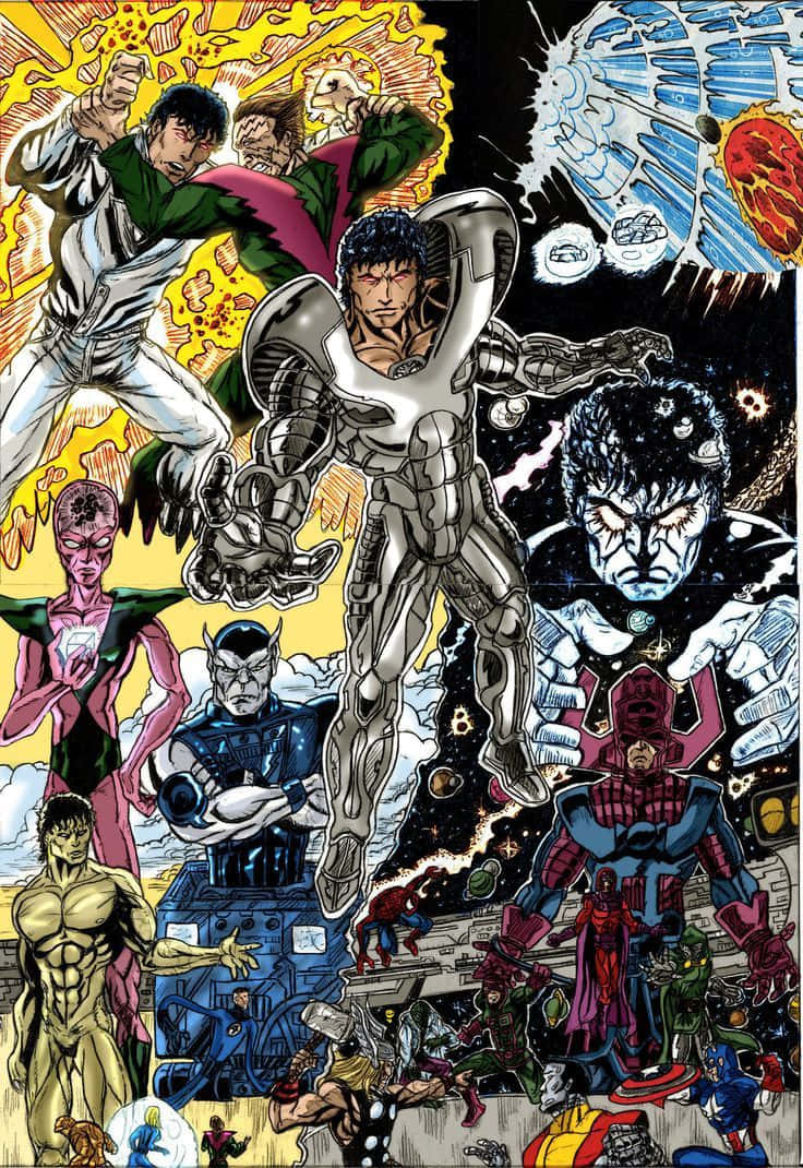 Beyonder 桌布 壁紙 — 動態漫畫面板，描繪各種超級英雄和反派在爆炸性宇宙背景下的激烈戰鬥。