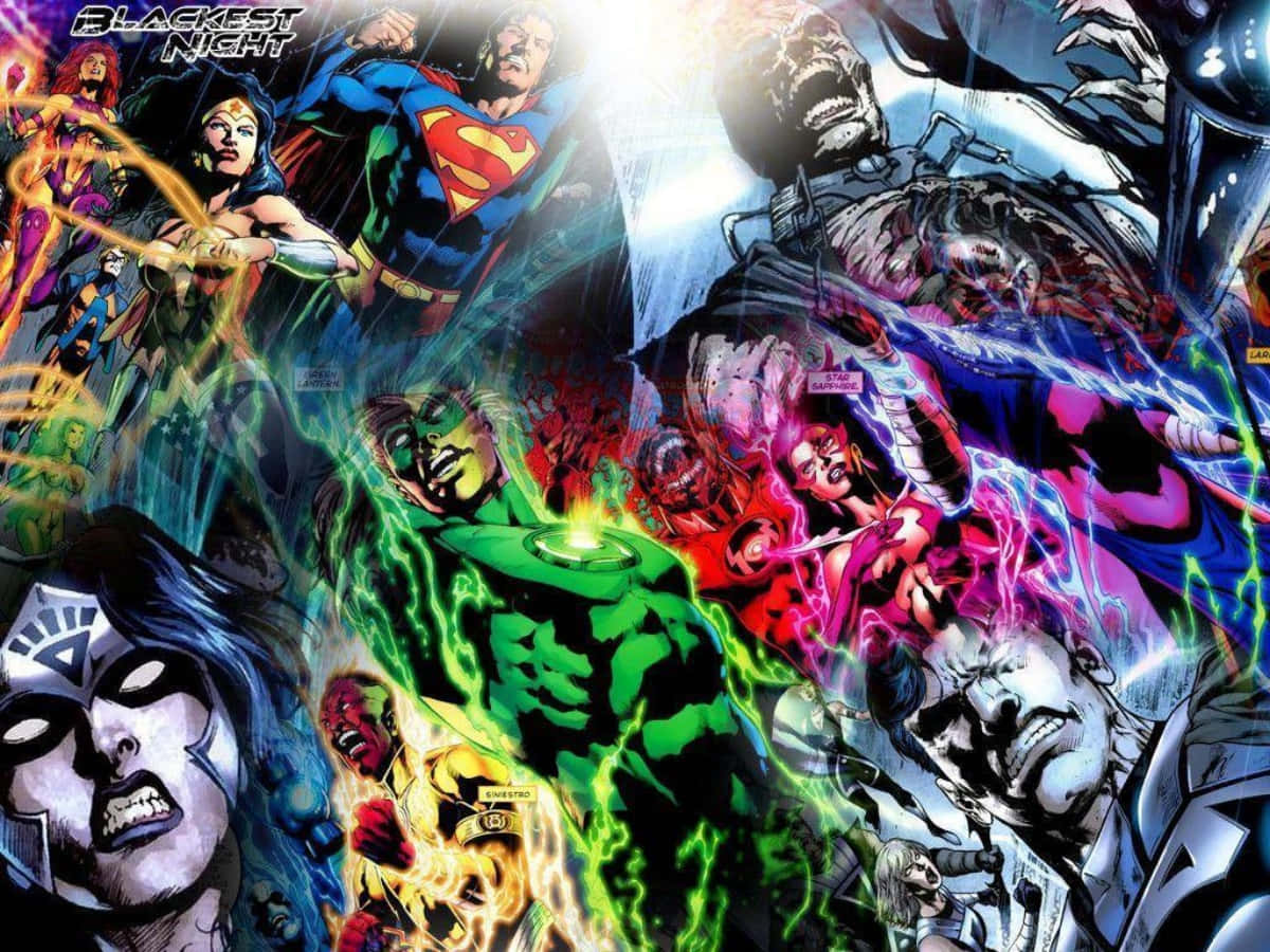 Blackest Night 桌布 壁紙 — 動態漫畫面板，描繪超級英雄與反派在激烈戰鬥中，伴隨發光能量效果。