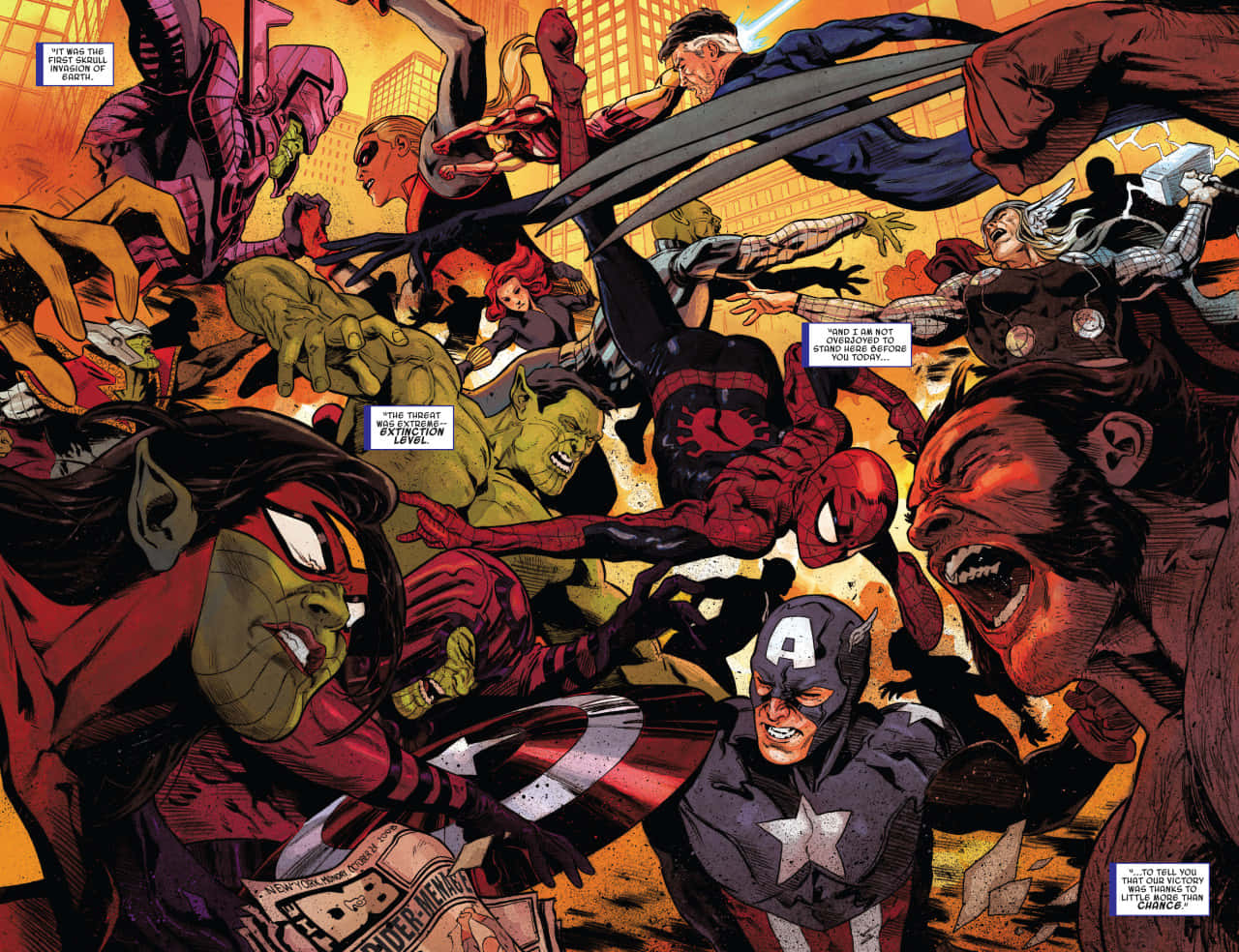 Secret Invasion 桌布 壁紙 — 動態漫畫面板顯示美國隊長和蜘蛛俠在城市景觀中與浩克和索爾戰鬥，陷入混亂的超級英雄大亂鬥。