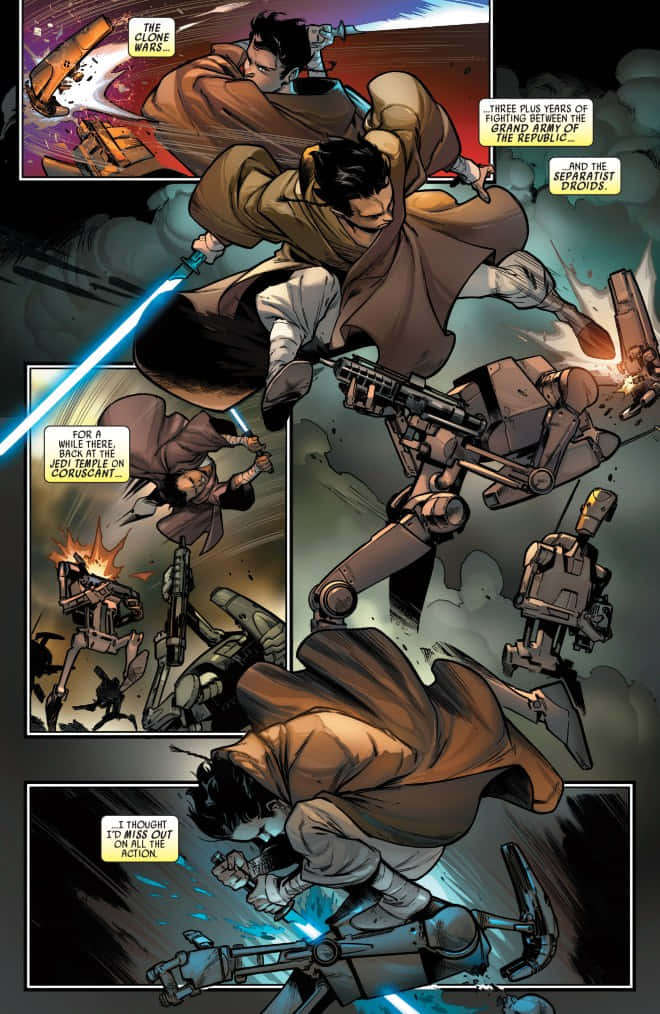 The Order 66 桌布 壁紙 — 動態漫畫面板顯示身穿棕色長袍的絕地武士揮舞藍色光劍，在混亂的太空戰鬥中與裝甲機器人作戰。