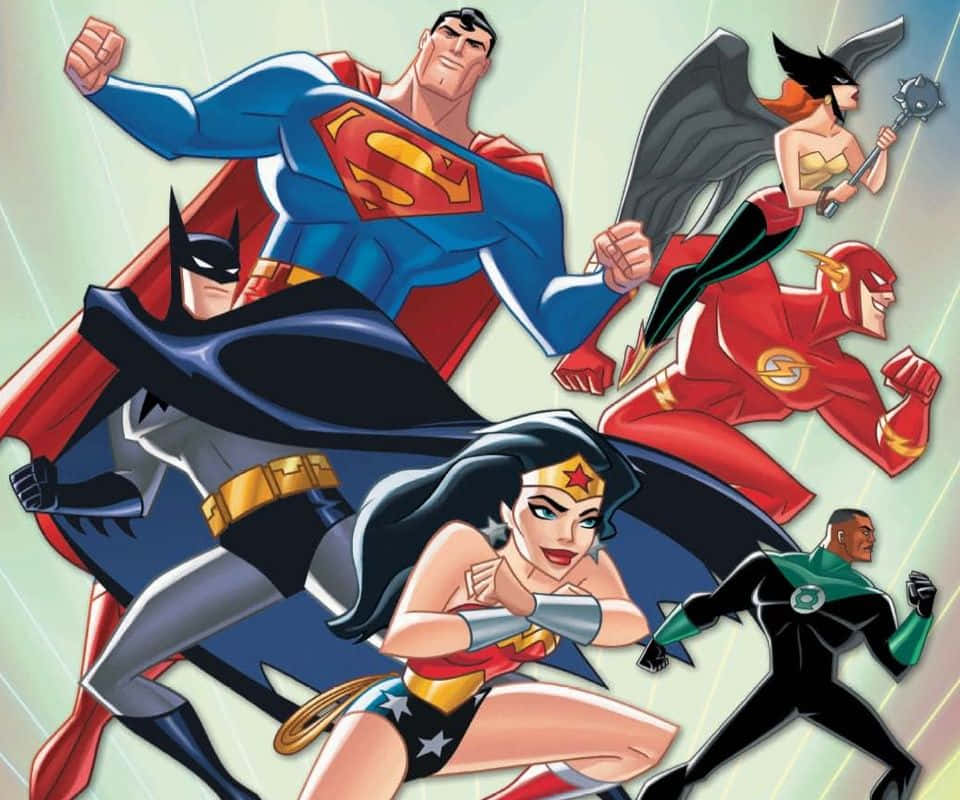 Justice League Unlimited 桌布 壁紙 — 動態漫畫風格插圖，描繪六位標誌性超級英雄在淺綠色背景前擺出動作姿勢。