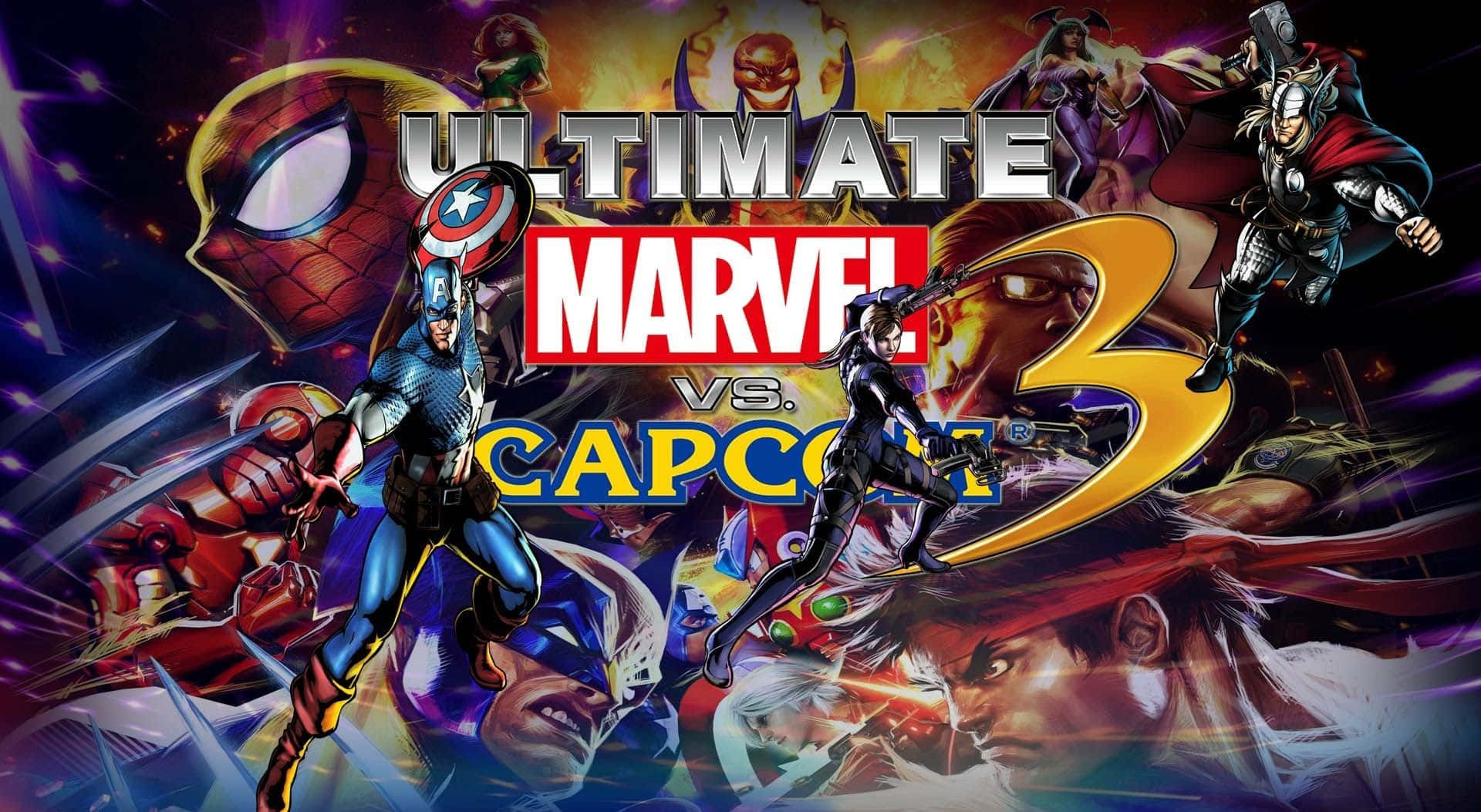 Marvel Vs Capcom 桌布 壁紙 — 動態漫畫風格藝術作品，Marvel 和 Capcom 英雄在戰鬥中帶有爆炸性能量效果。