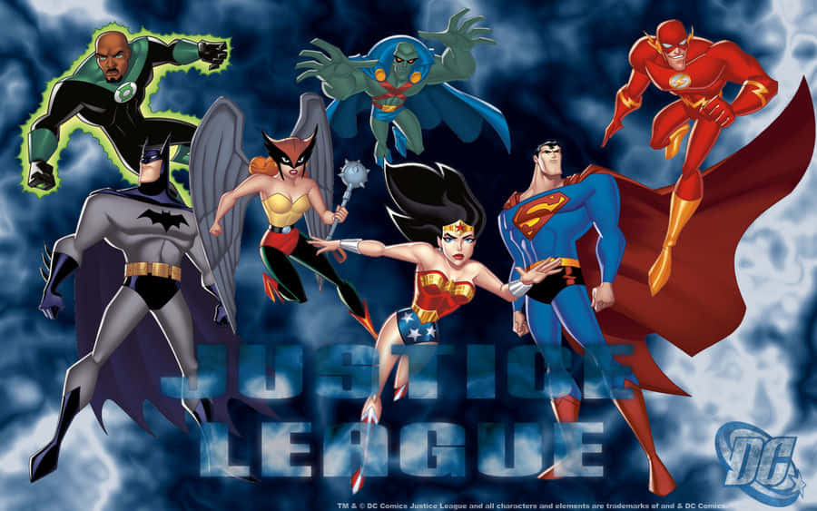 Justice League Unlimited 桌布 壁紙 — 動態的DC正義聯盟英雄在暴風雨的天空中以大膽的漫畫藝術風格翱翔。
