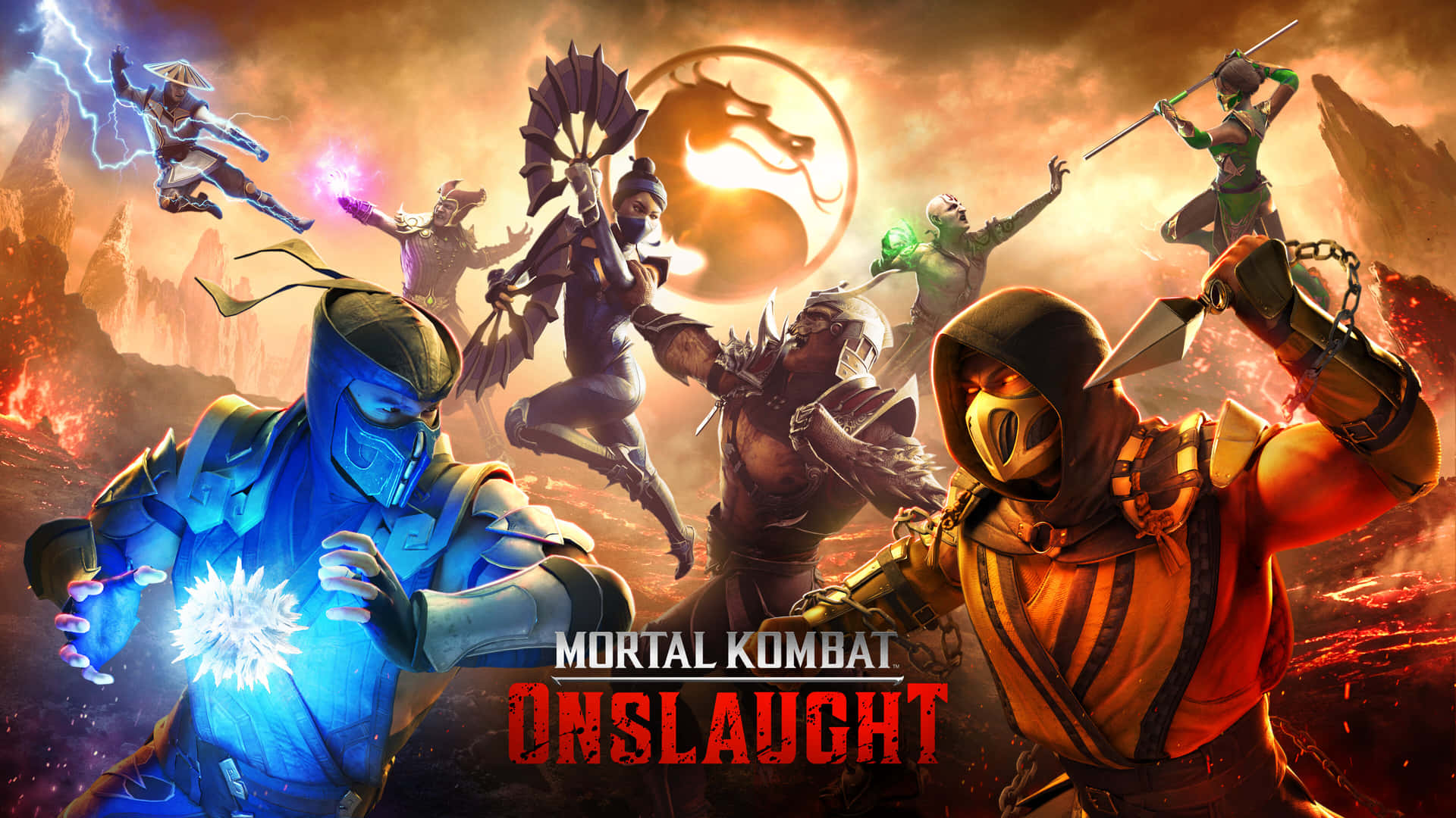真人快打 Onslaught 角色在熾熱背景前擺出戰鬥姿勢。 — 真人快打 壁紙