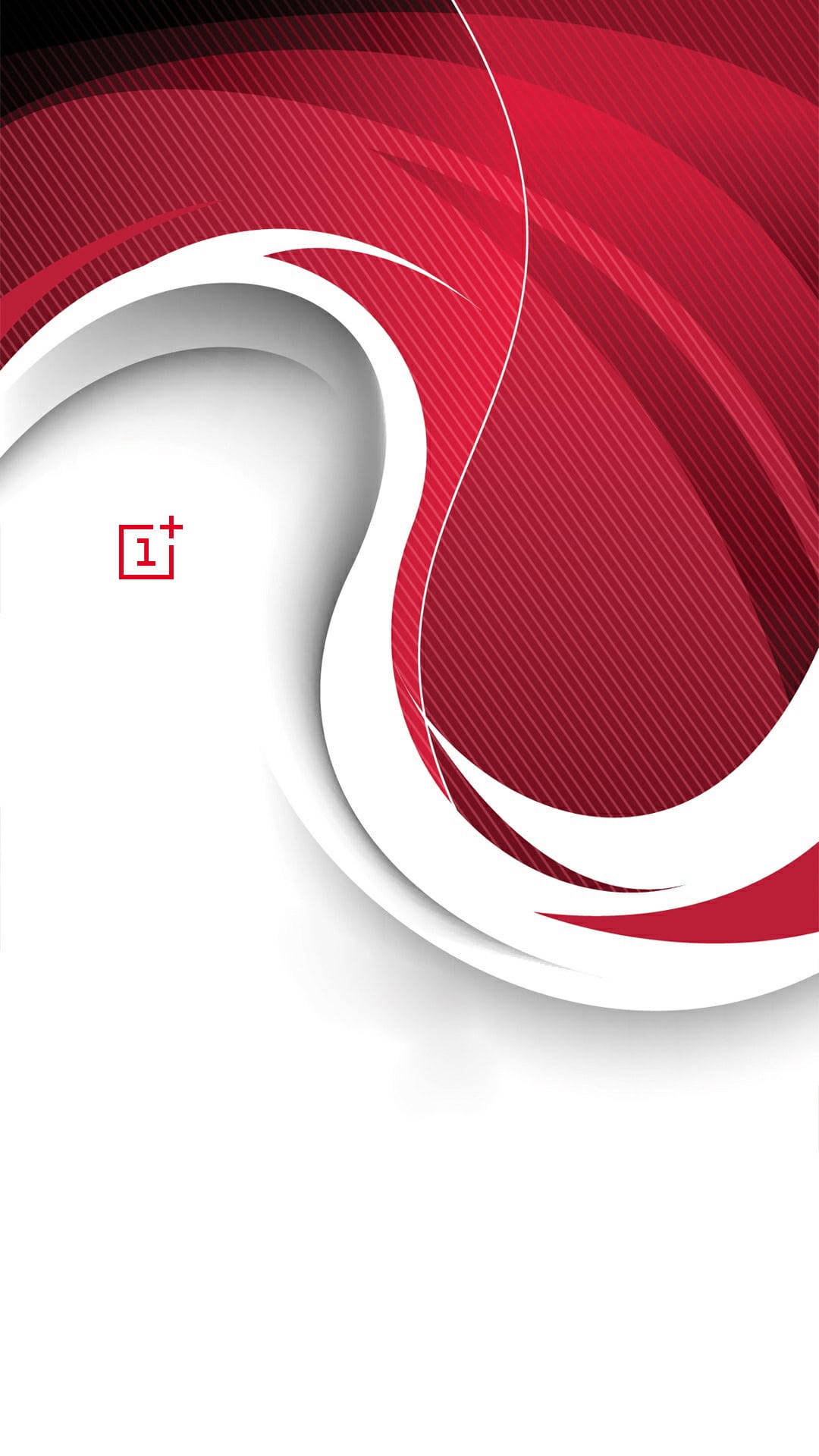 Oneplus 桌布 壁紙 — 動態的紅色和白色抽象漩渦，帶有對角線條和角落的 OnePlus 標誌。