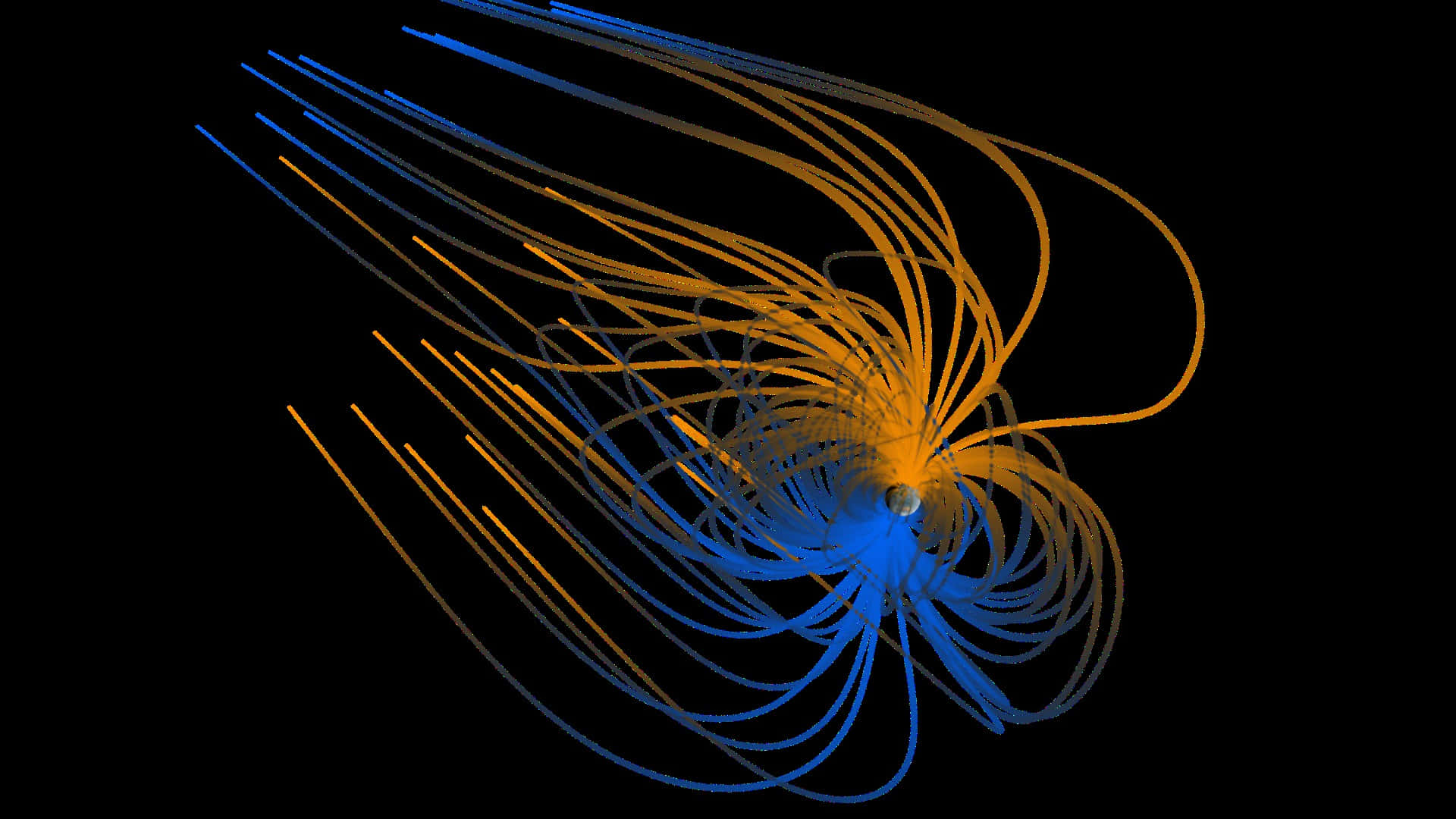 Magnetic Field 桌布 壁紙 — 動態的藍色和金色磁場線從中心點旋轉並輻射，映襯在黑色虛空中。