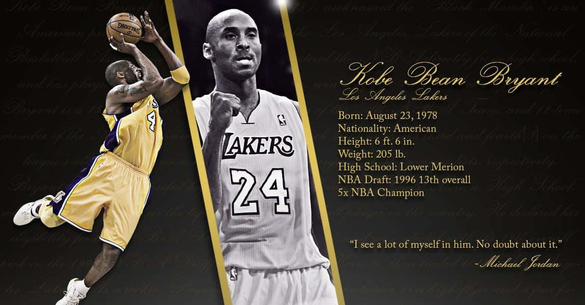 Kobe 桌布 壁紙 — 動態致敬桌布， featuring Kobe Bryant 空中入樽及身穿湖人球衣的肖像，附有傳記統計數據。
