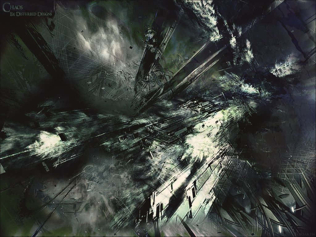 抽象數碼藝術作品，描繪了帶有碎片結構和深色調的混亂破壞。