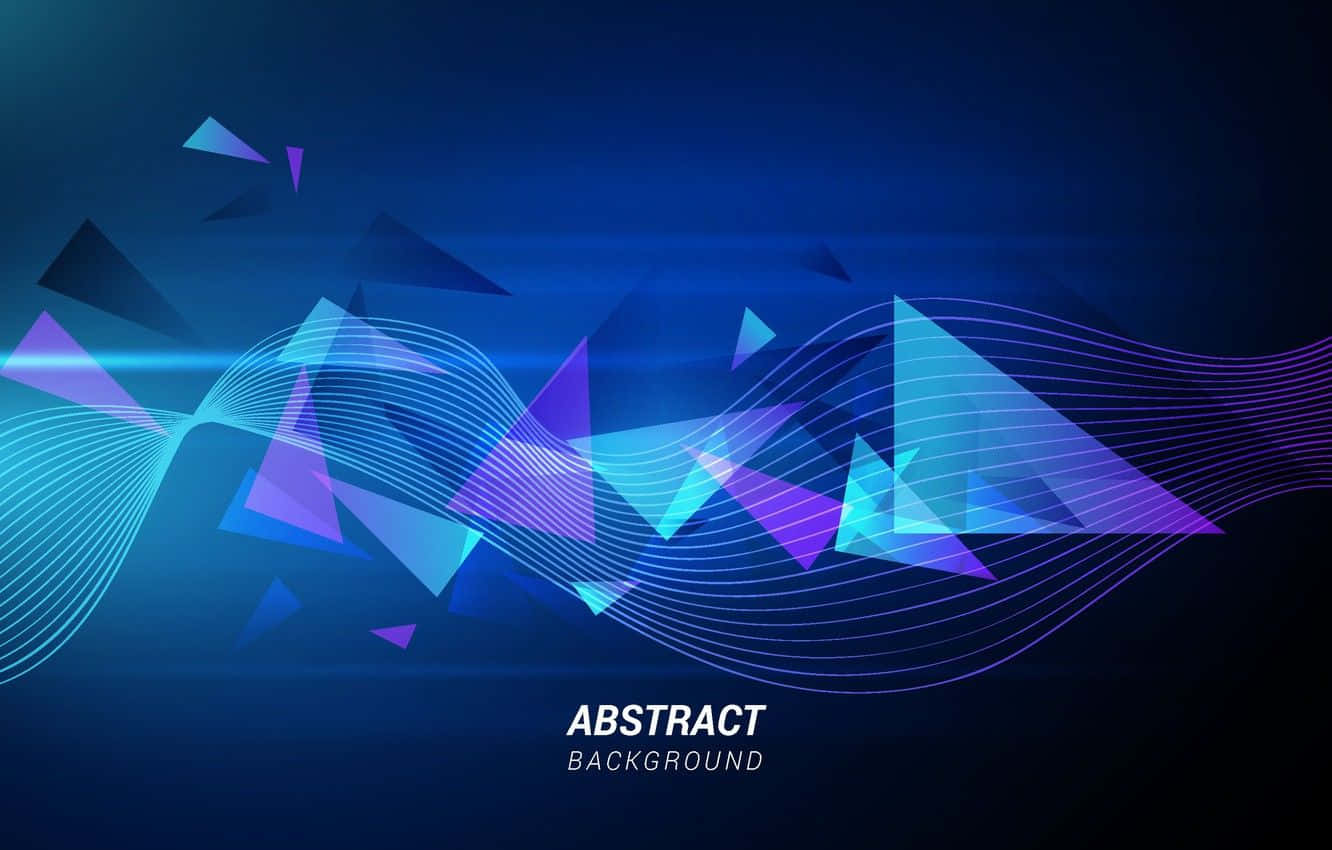 Abstraction 桌布 壁紙 — 動態藍色和紫色幾何三角形及發光波浪線條在深色數碼背景上流動。