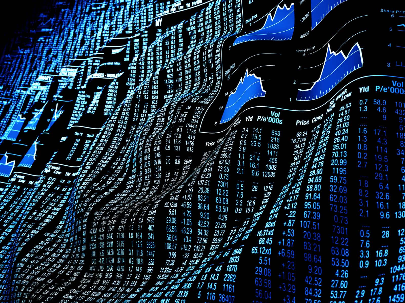 Trading 桌布 壁紙 — 動態藍色金融數據流和圖表在未來主義的股票市場可視化中流過黑暗的數字表面。