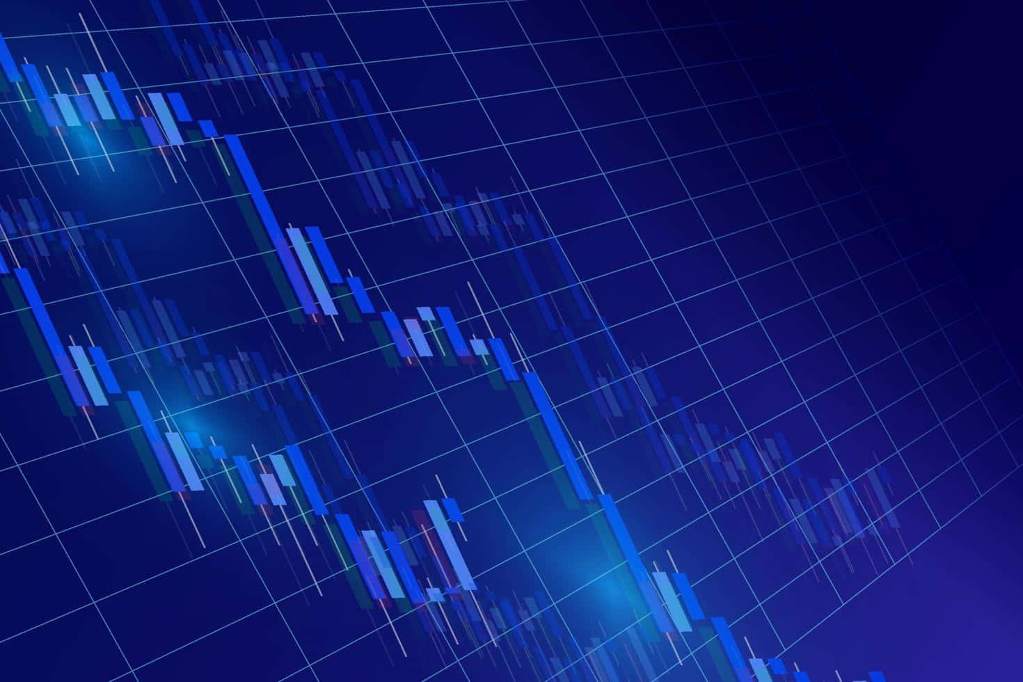 Forex 桌布 壁紙 — 動態藍色金融蠟燭圖，在深色網格背景上發光。