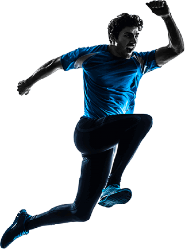動態跑步者 壁紙 — 一個穿著藍色運動裝備的男子在純黑色背景下躍起的動態剪影。