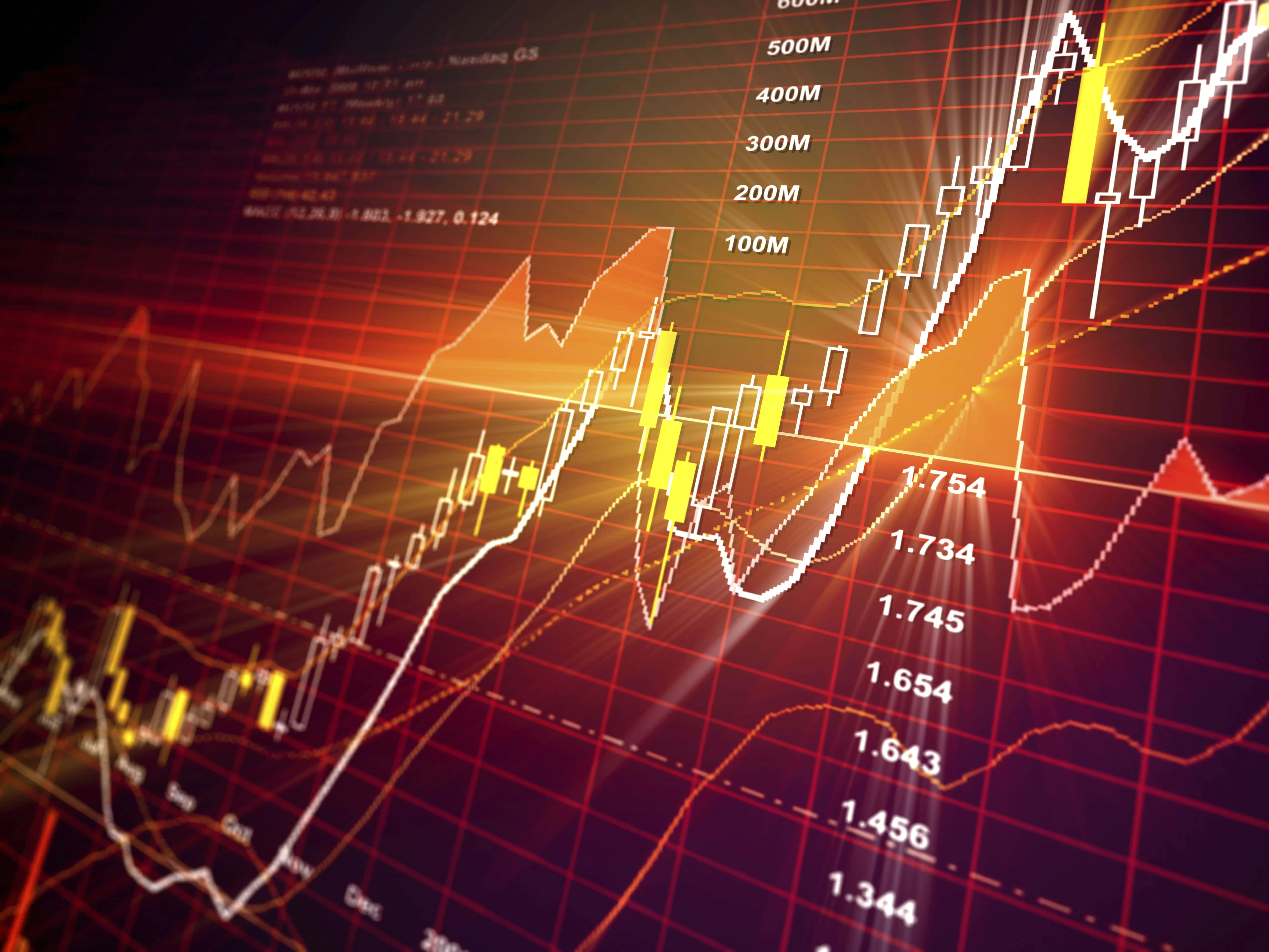 Stock Market 桌布 壁紙 — 動態金融圖表，帶有發光的蠟燭圖和數值數據，背景為深紅色網格。