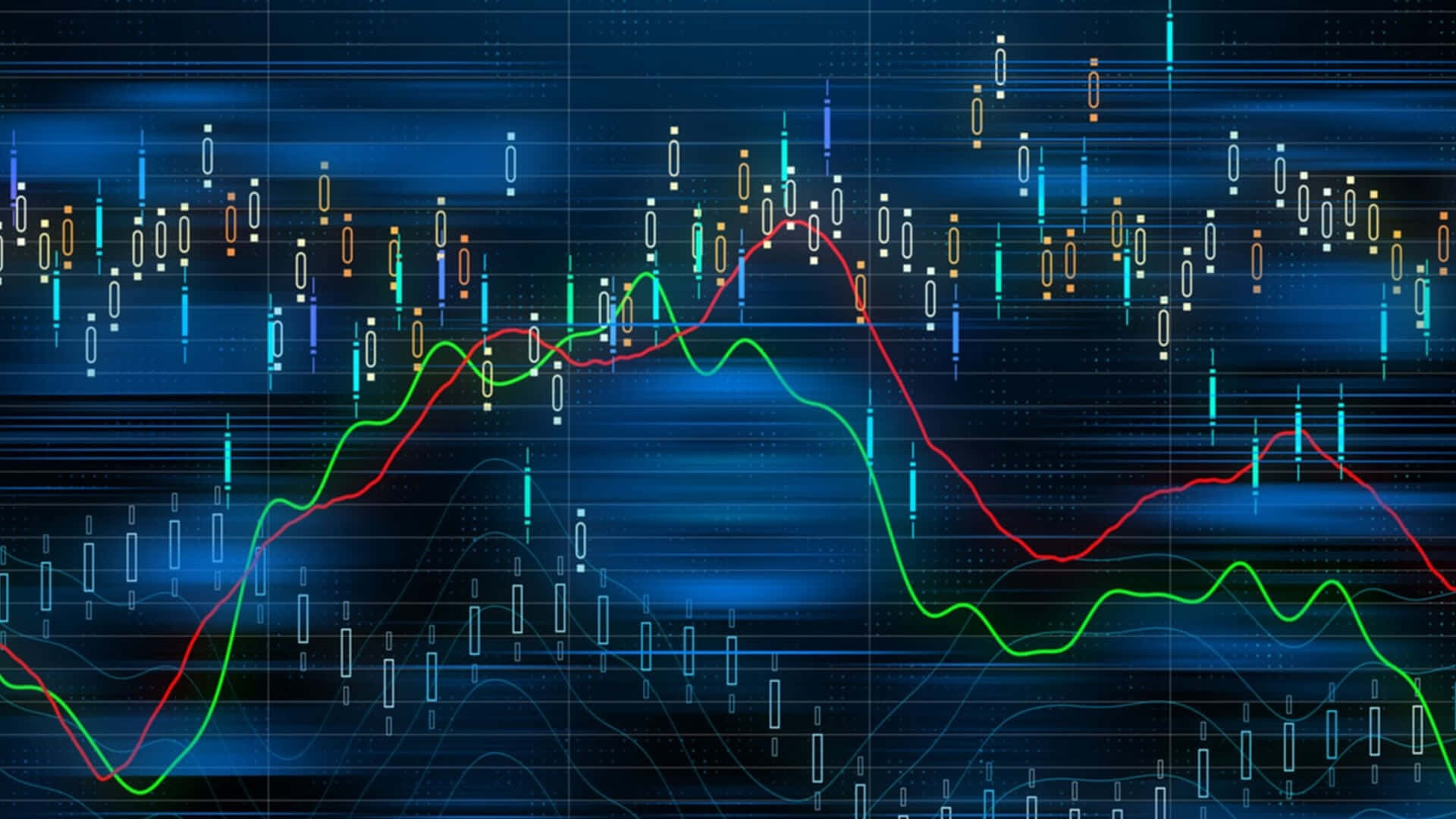 Forex 桌布 壁紙 — 動態金融圖表，帶有發光的蠟燭圖和波動的線條，背景為深藍色數位網格。