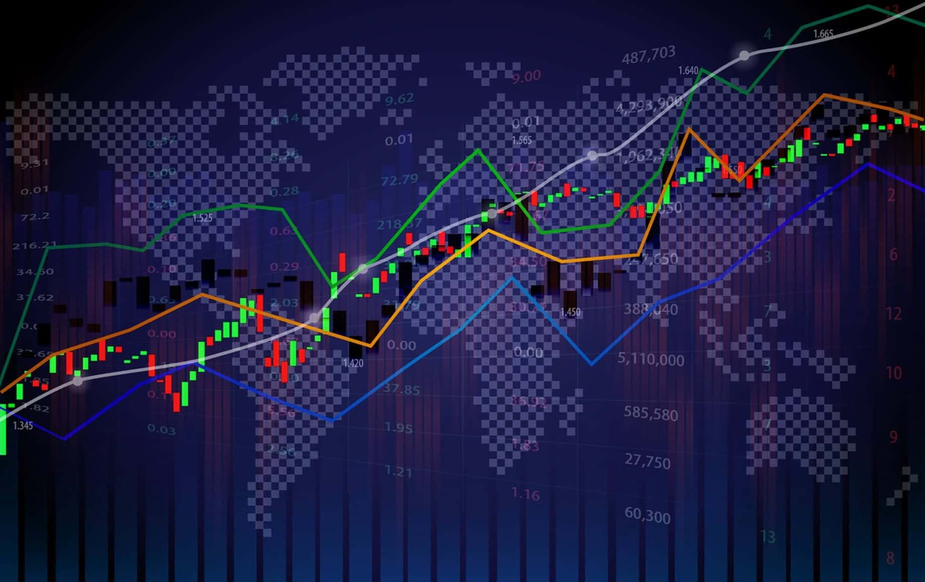 Forex 桌布 壁紙 — 動態金融圖表，色彩繽紛的蠟燭圖覆蓋在像素化世界地圖上，背景為深藍色漸變。
