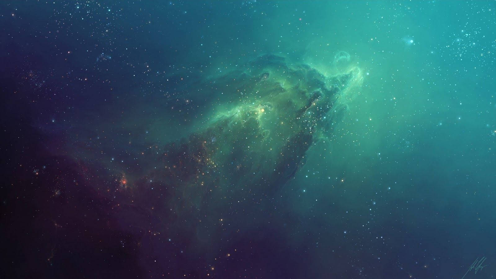 一顆發光的綠色星雲漂浮在佈滿星星的宇宙中，呈現藍綠色和紫色調。