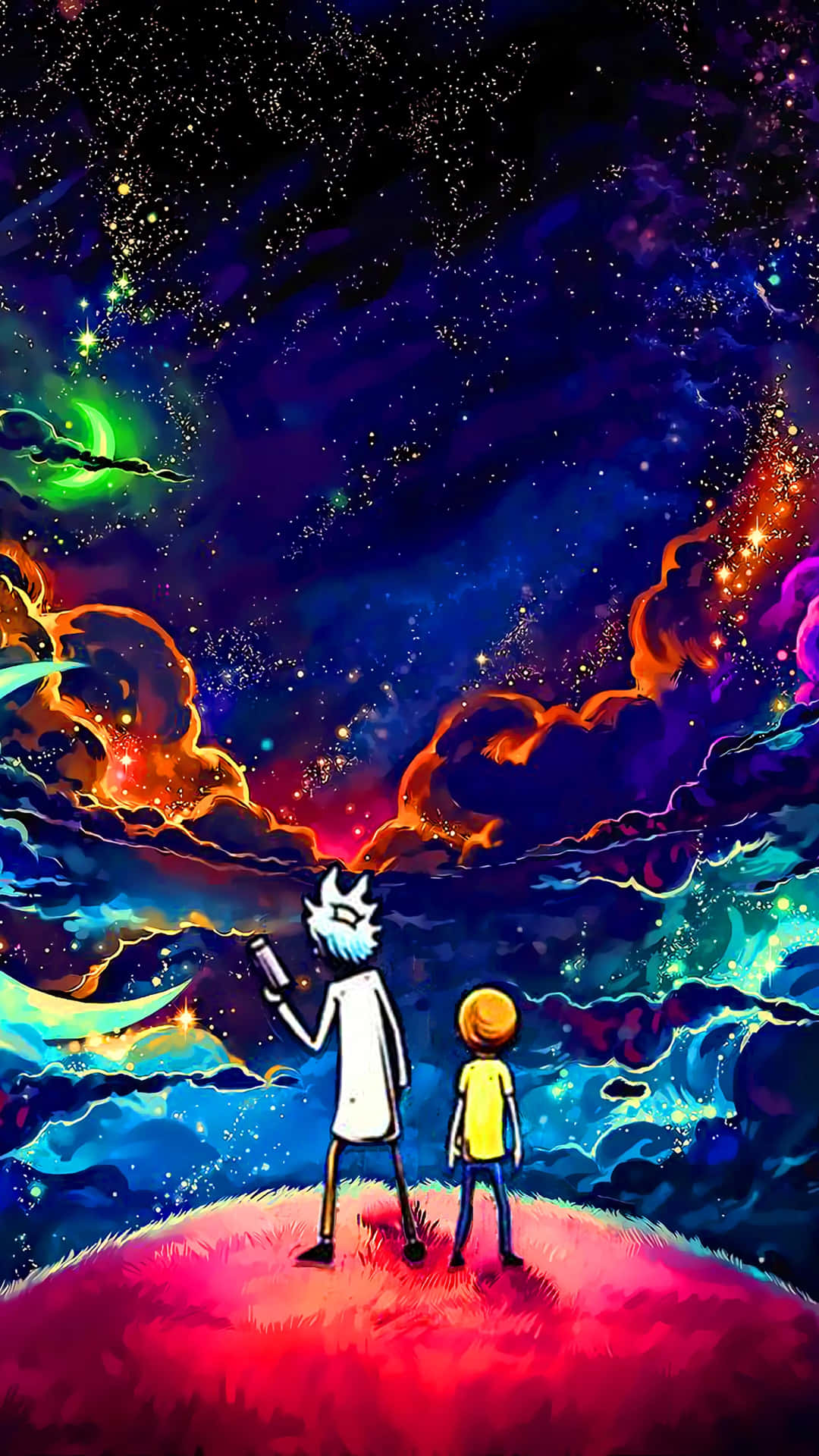 瑞克和莫蒂站在一個色彩繽紛的星球上，在繁星點點的宇宙天空下。