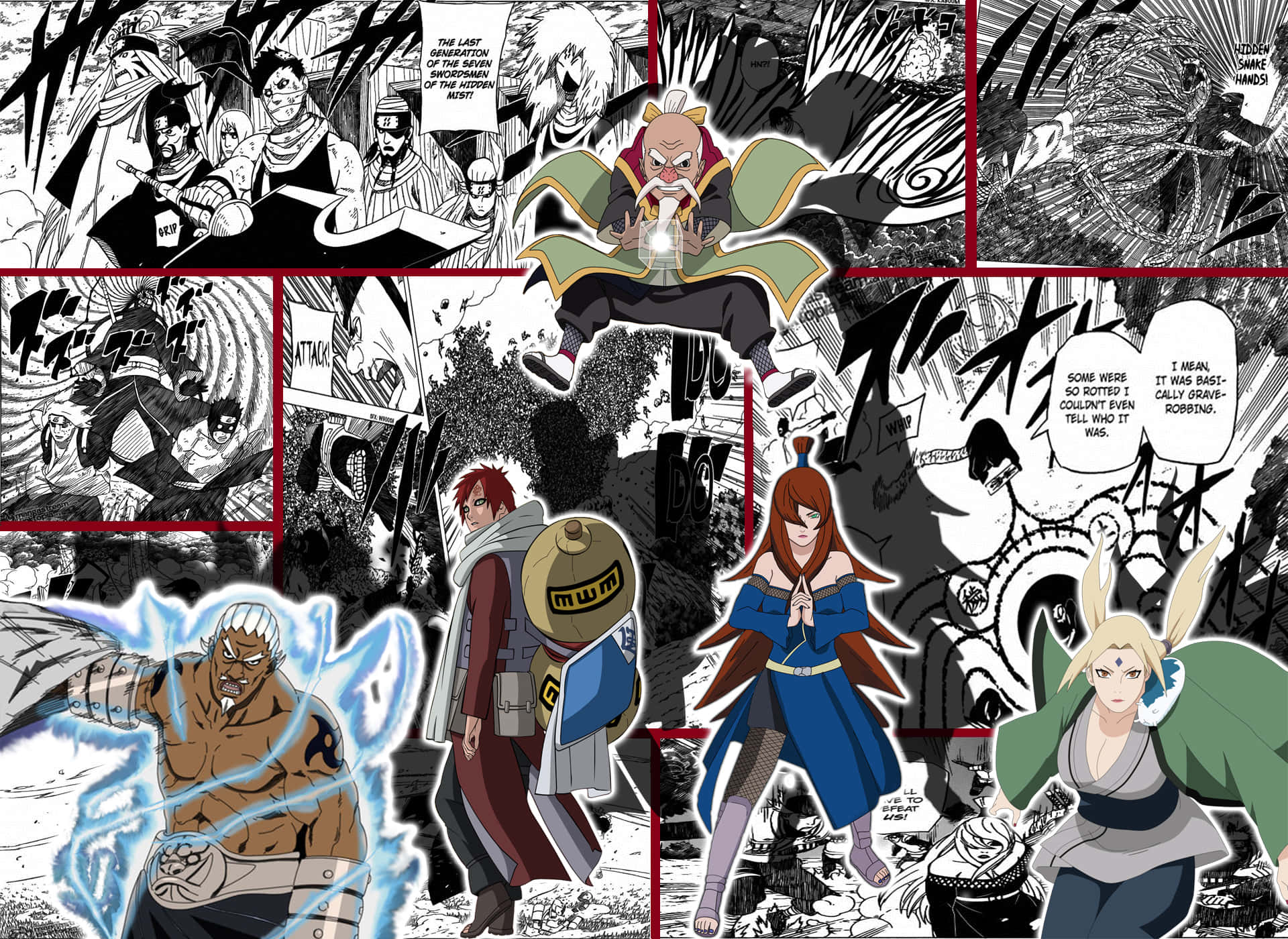 Five Kage Summit 桌布 壁紙 — 動態黑白漫畫面板，展示動漫角色在動作姿勢中，帶有對話氣泡和戲劇性的動作線條。