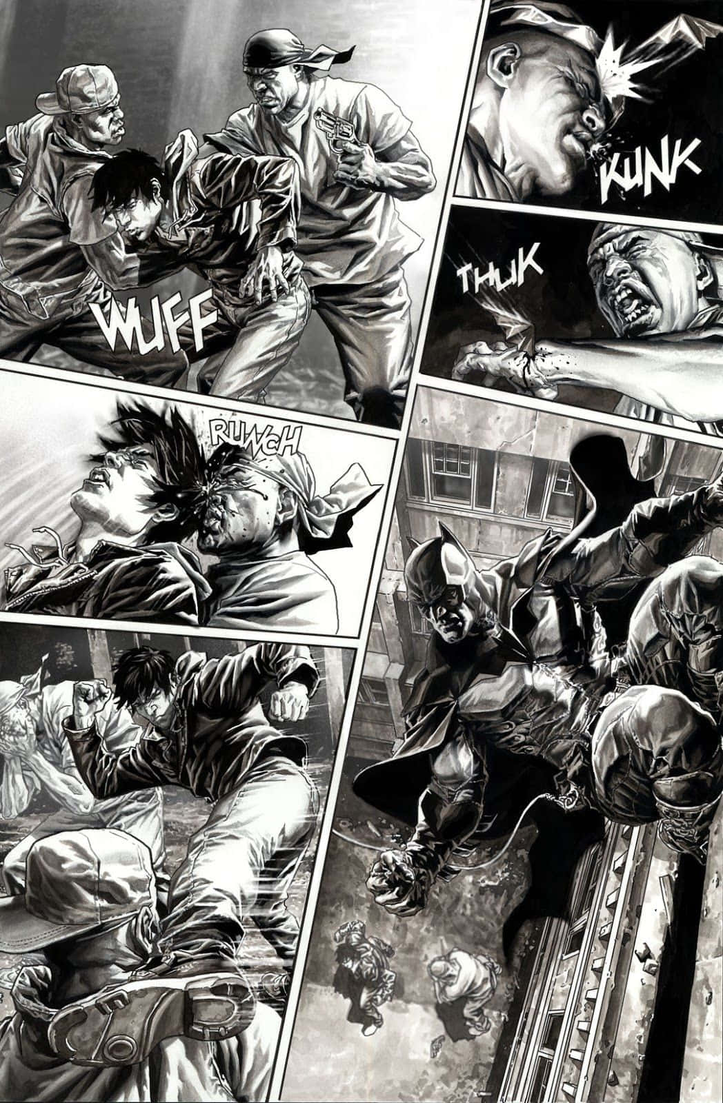 Black And White Comic 桌布 壁紙 — 動態黑白漫畫面板描繪了 gritty 的城市街頭打鬥，帶有誇張的音效和強烈的角色表情。