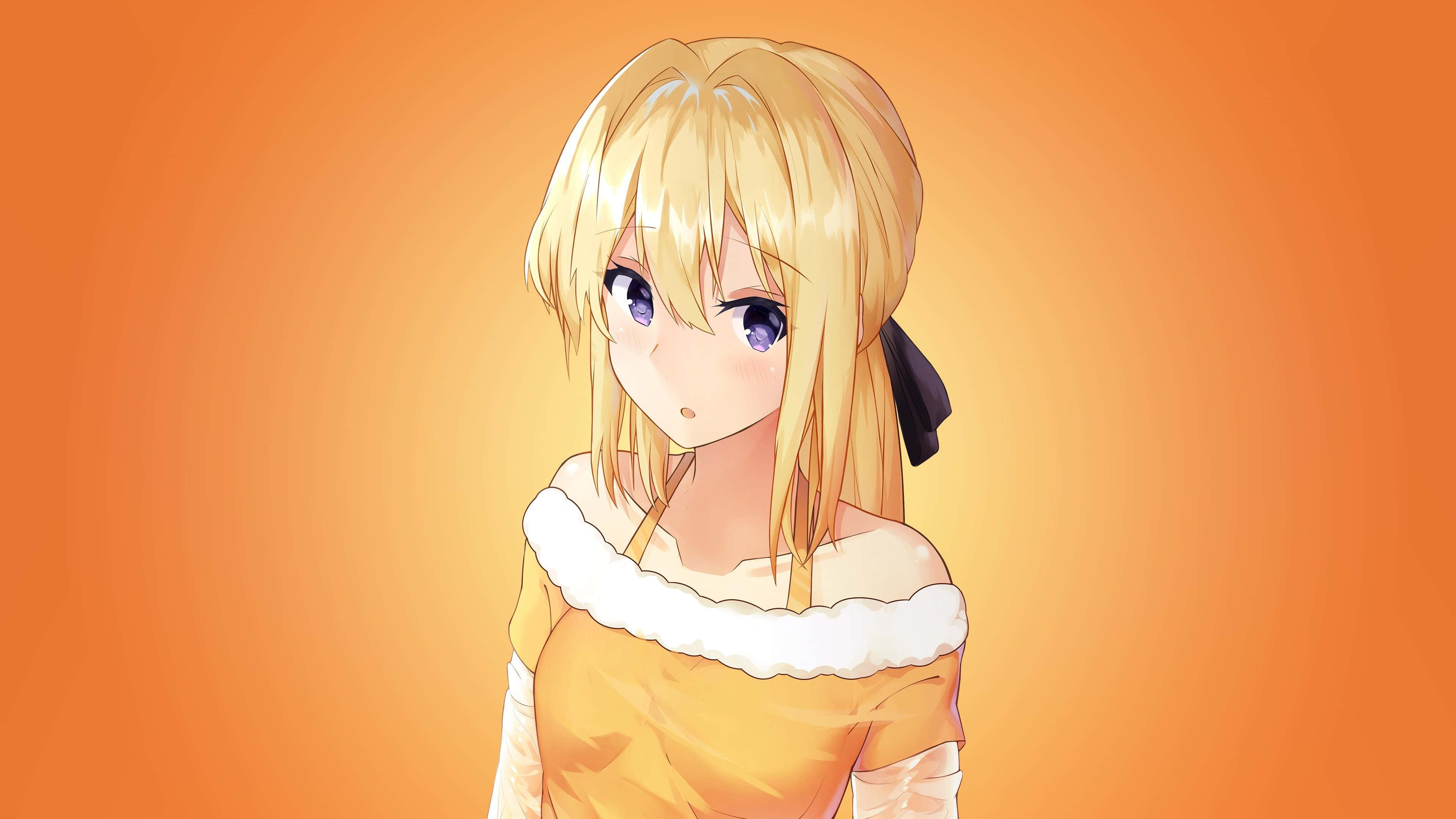 動漫《Fate/stay night》中的黃色背景 Saber 壁紙 — 一位金髮紫眼、戴黑色蝴蝶結的動漫女孩，穿著帶白色飾邊的橙色連衣裙，背景是溫暖的漸變色。