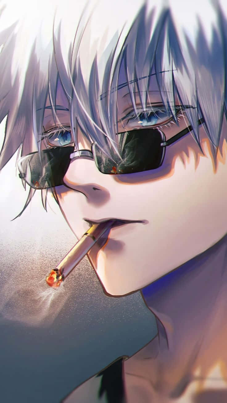 銀髮戴太陽眼鏡的動漫角色抽煙。