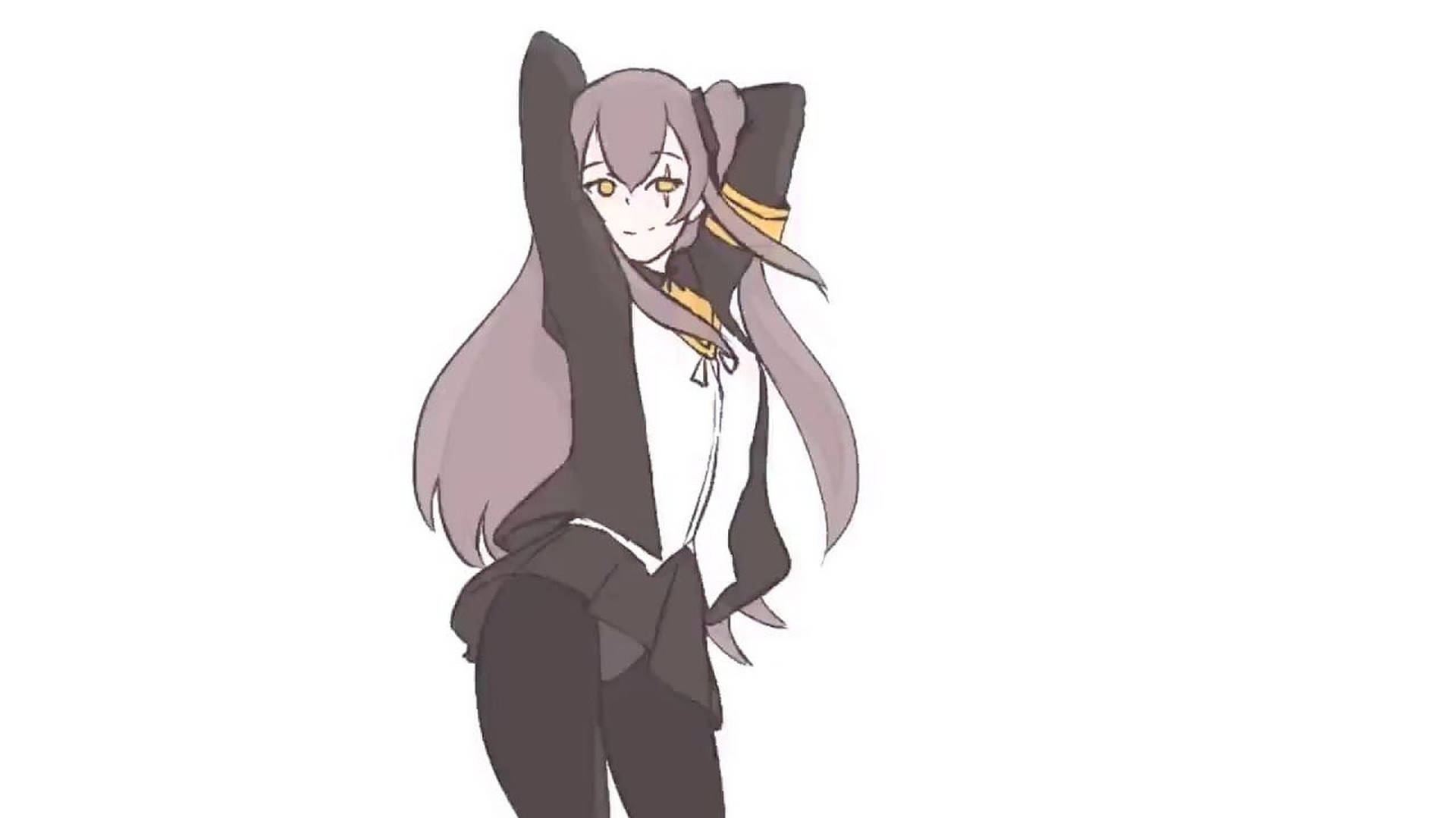 長紫髮黃眼的動漫女孩，穿著黑白服裝俏皮擺姿勢。