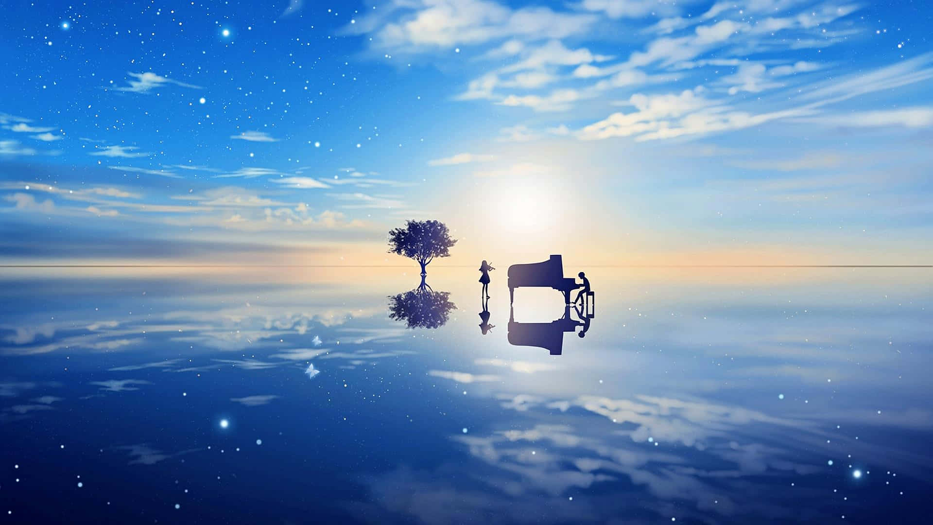 星空下，樹和鋼琴的剪影漂浮在水面上，伴隨著太陽。
