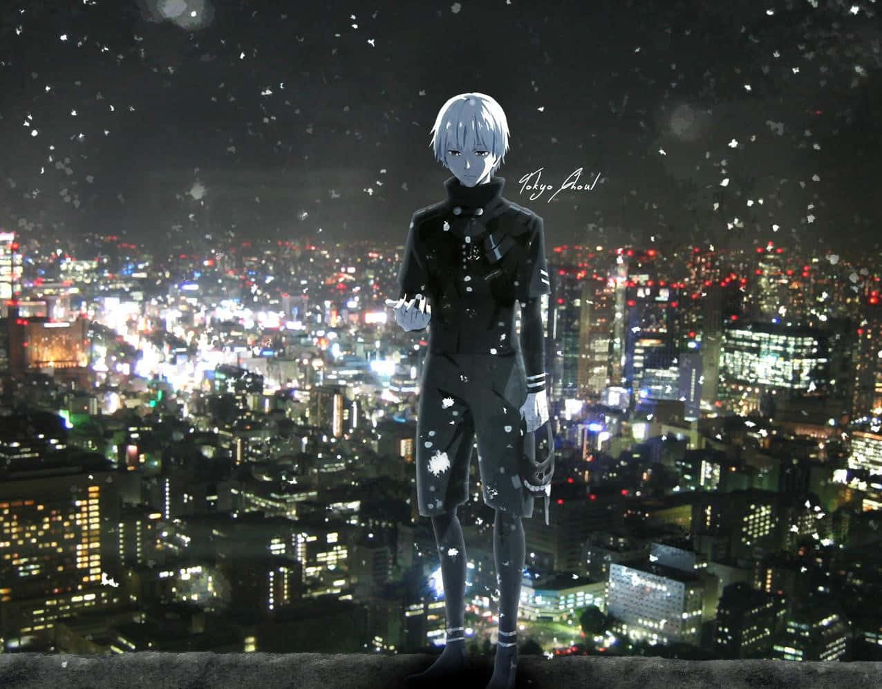 動漫角色俯瞰雪夜霓虹城市